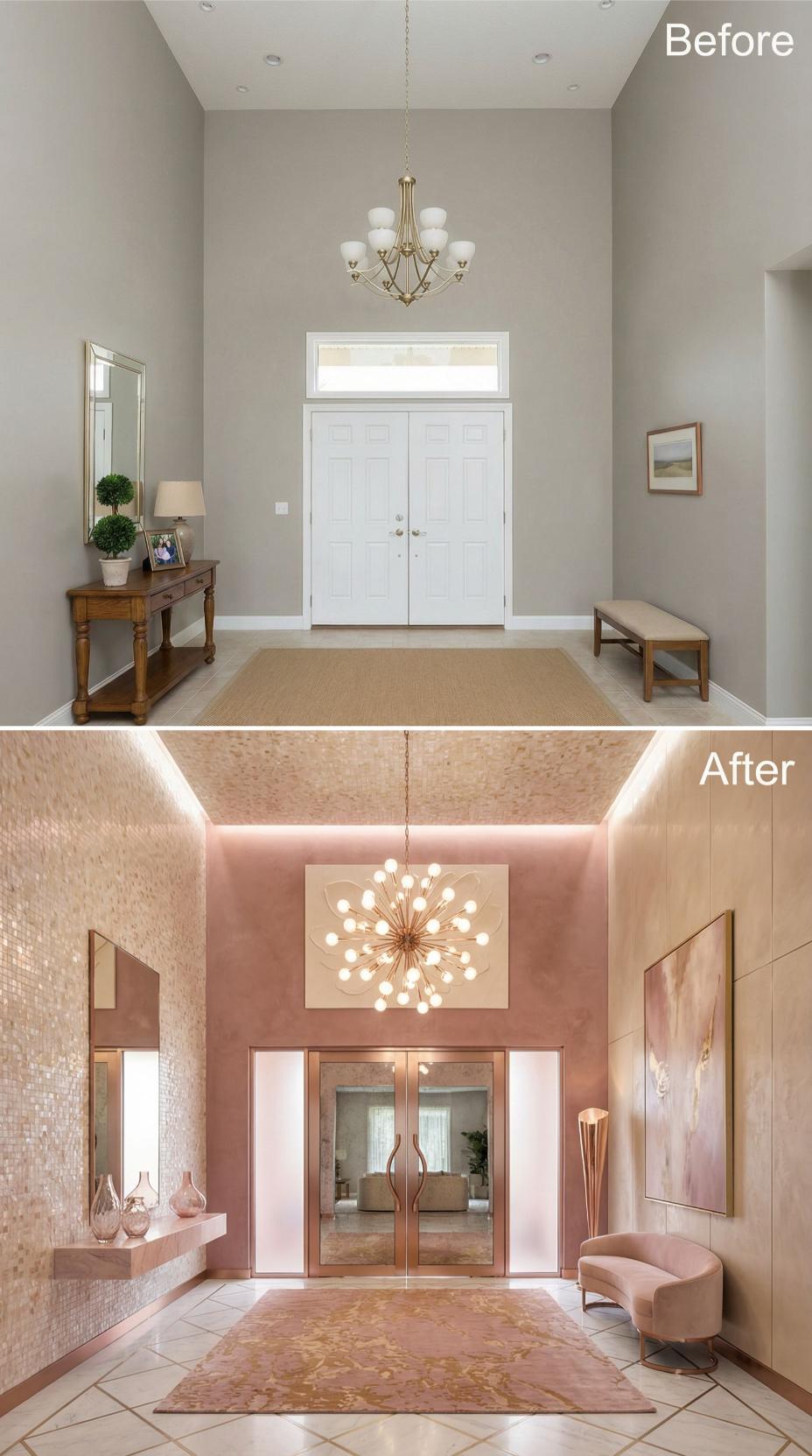Rose Gold Leaf Panels and Starburst Chandelier Command Two-Story Entry