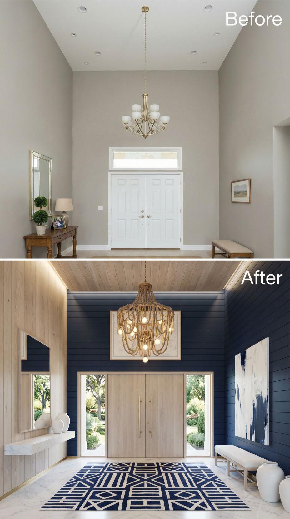 Navy Shiplap and Natural Wood Planks Replace Neutral Vaulted Walls