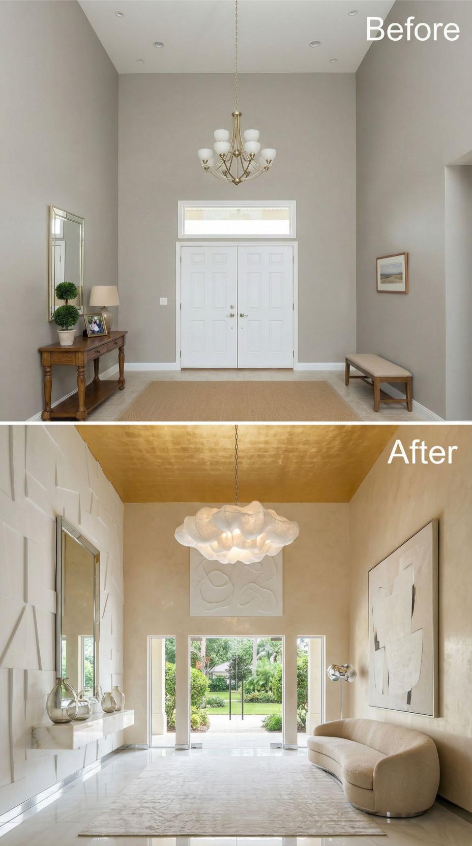 Gold Leaf Ceiling and Cloud Chandelier Replace Traditional Brass Fixture