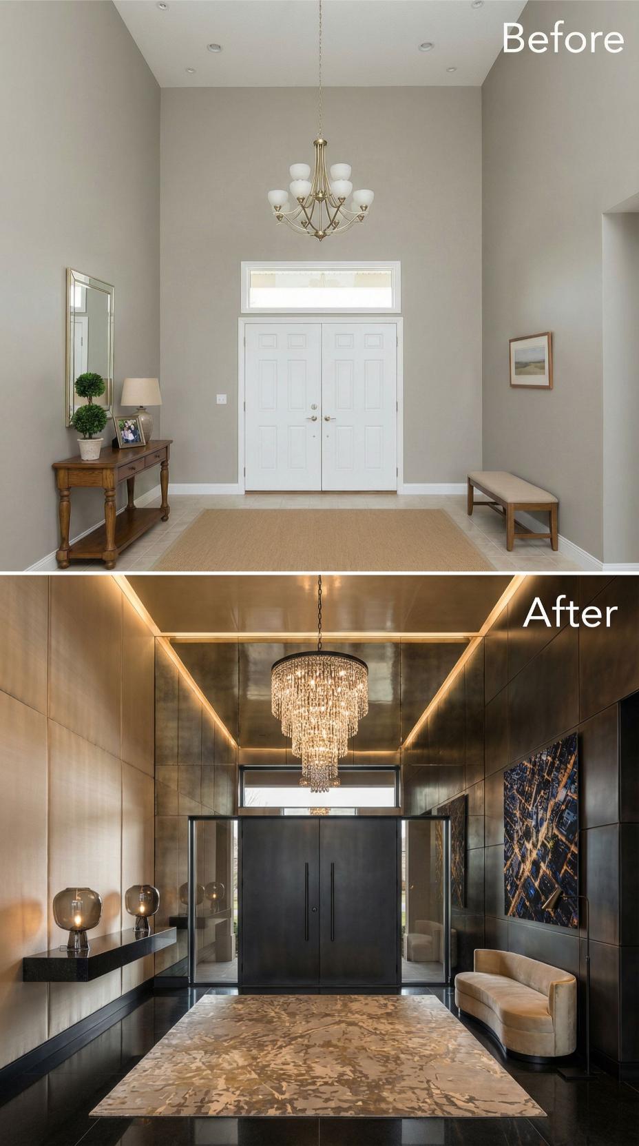 Crystal Chandelier and Bronzed Mirror Panels Replace Beige Walls