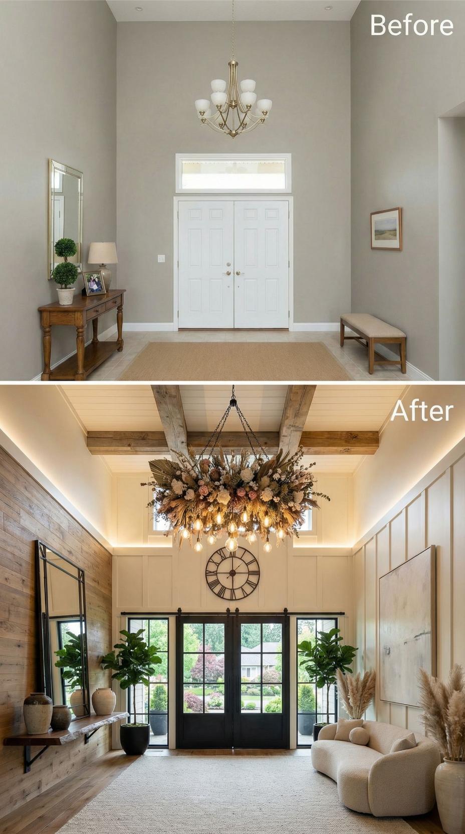 Exposed Wood Beams and Floral Chandelier Replace Builder Grade Brass