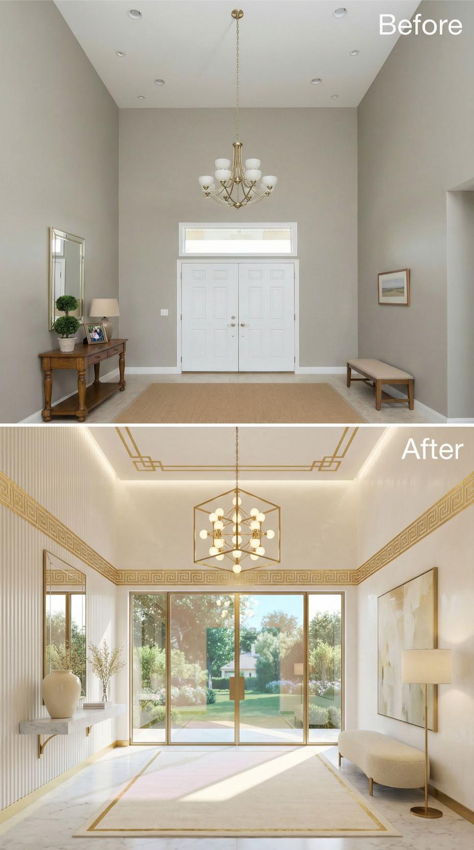 Gold Greek Key Trim and Coved LED Replace Gray Double-Height Walls