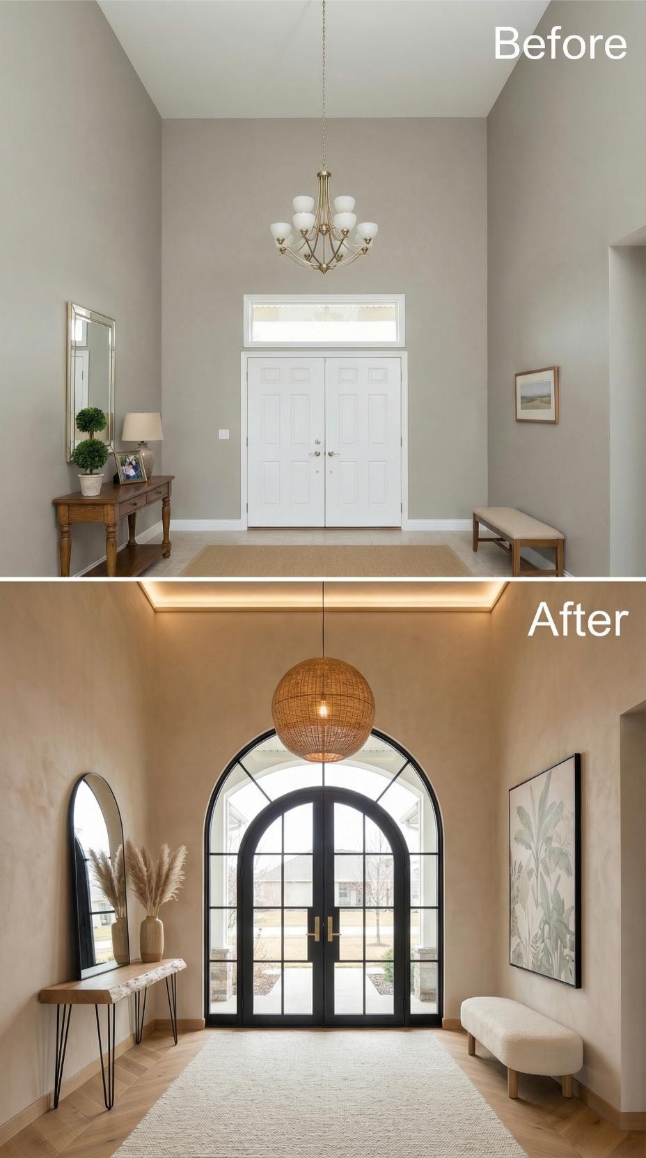 Arched Black Steel Door Framed by Cove Lighting and Natural Textures