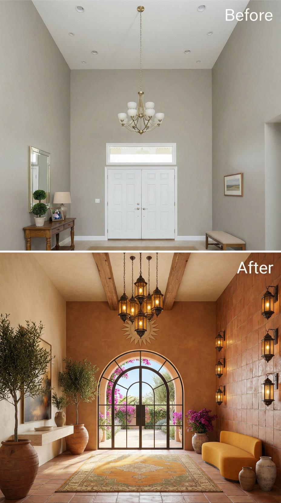 Moroccan Lanterns and Arched Steel Door Replace Builder Grade Chandelier