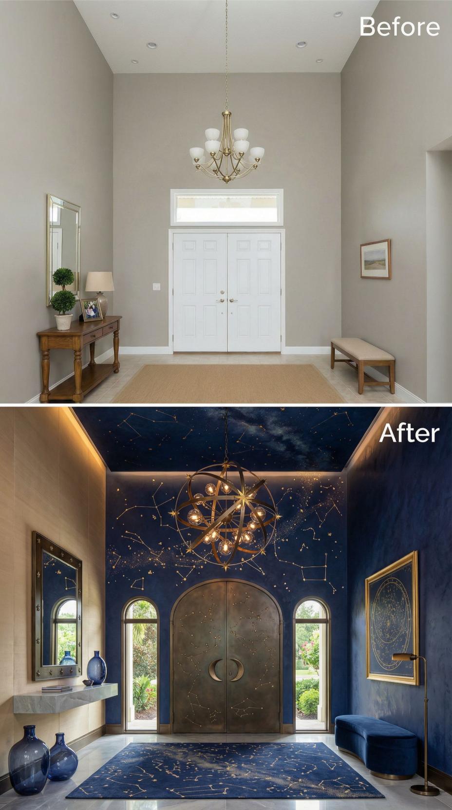 Celestial Mural and Bronze Constellation Doors Replace Beige Builder Walls