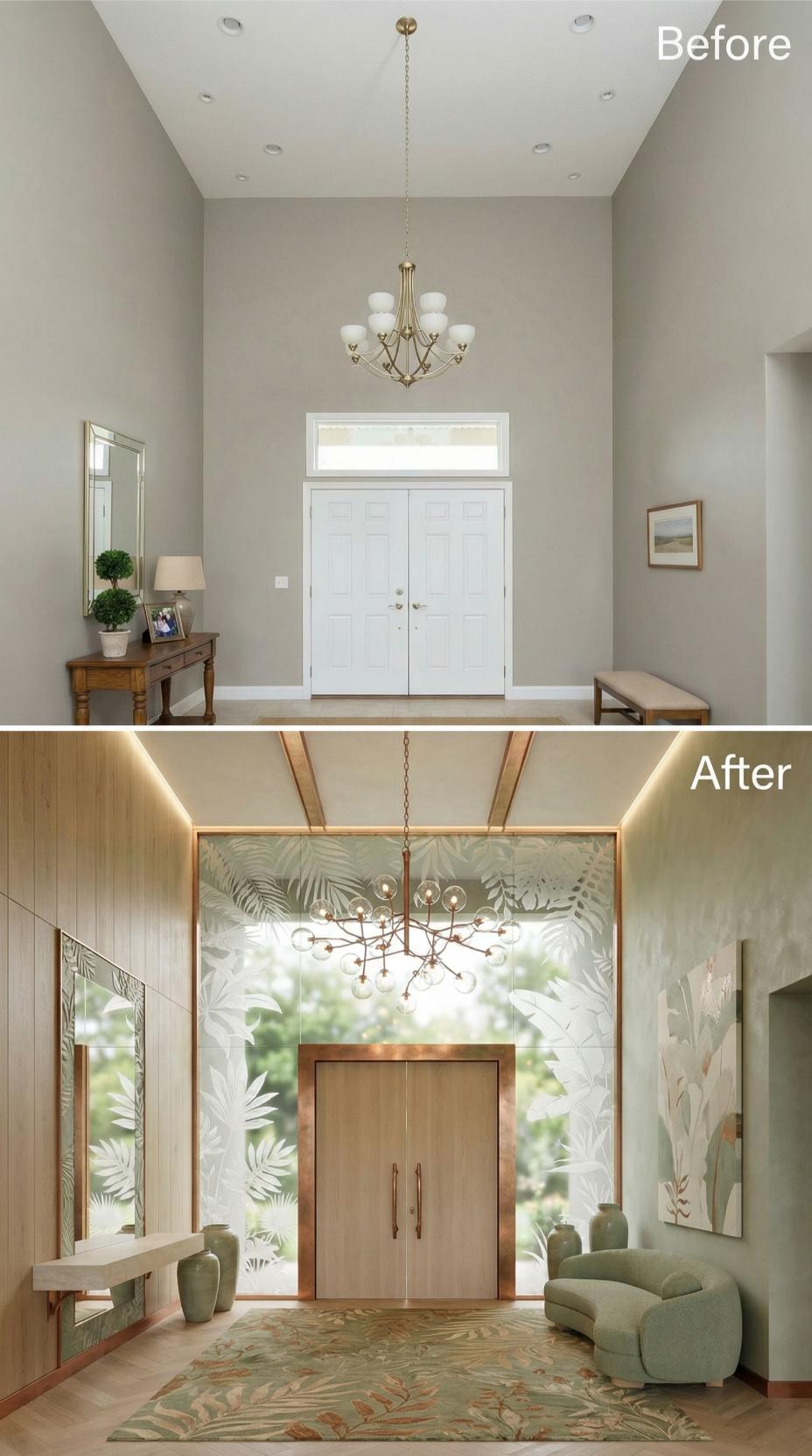 Botanical Wallpaper and Brass Beams Transform Gray Traditional Entry