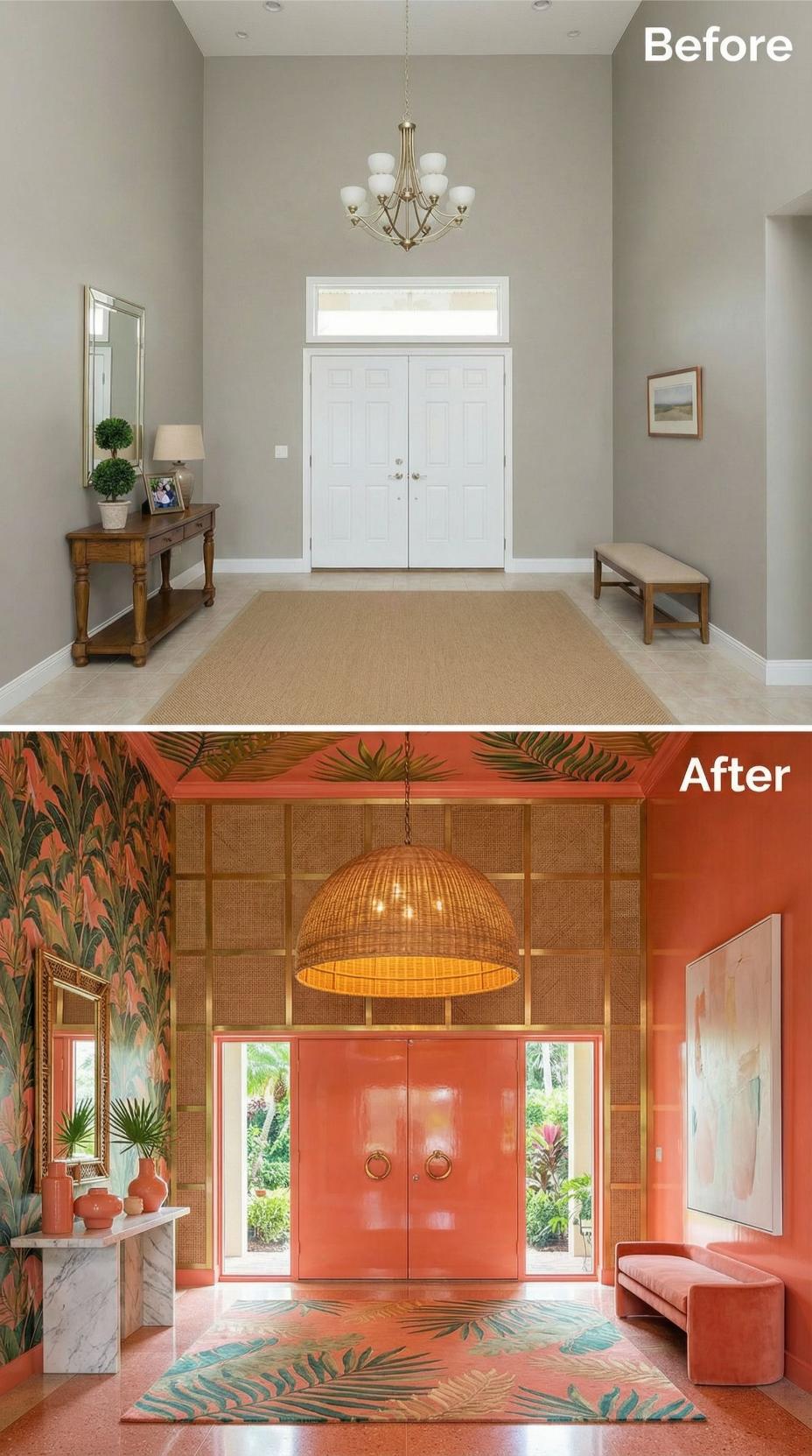 Coral Lacquered Doors and Rattan Grid Walls Replace Beige Traditional Entry