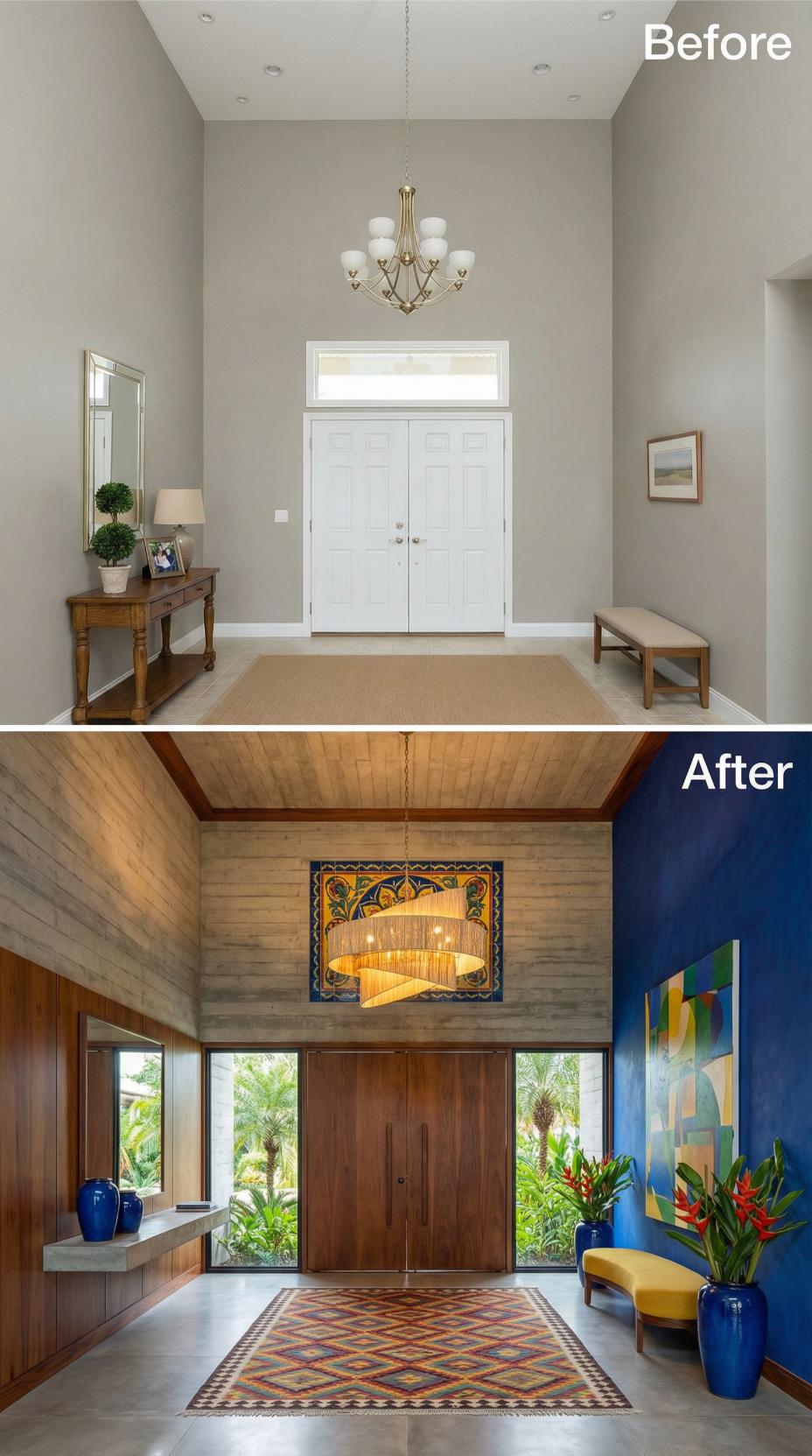 Horizontal Wood Slat Ceiling and Colorful Tile Art Replace Beige Drywall