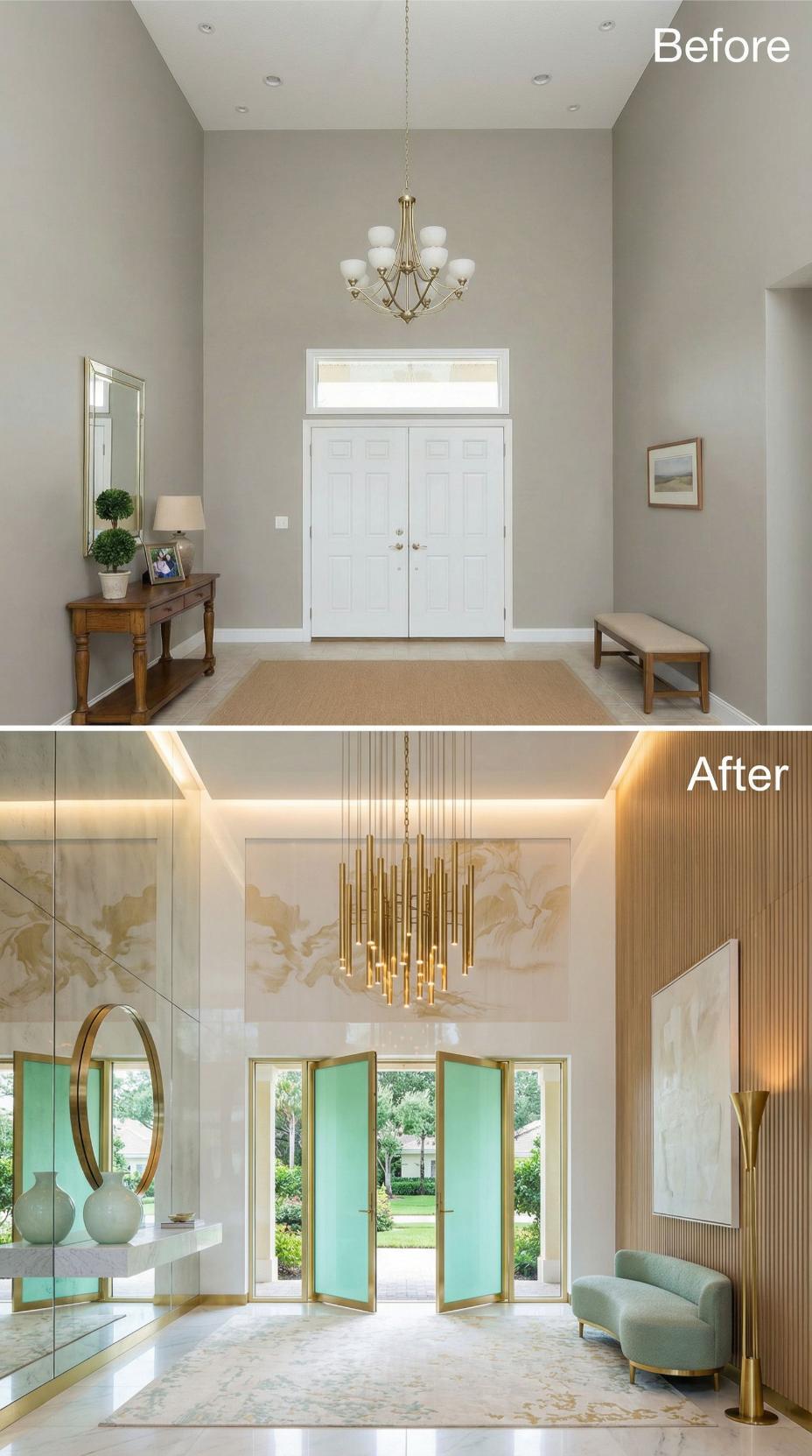 Pivoting Teal Glass Doors and Tubular Gold Chandelier Replace Standard White Entry