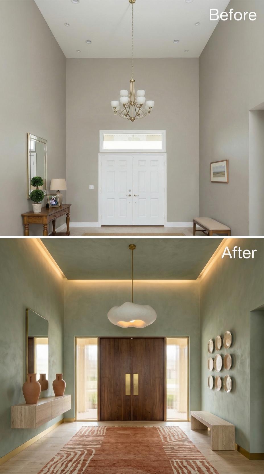 Sage Green Walls Meet Walnut Doors and Tray Ceiling Uplighting