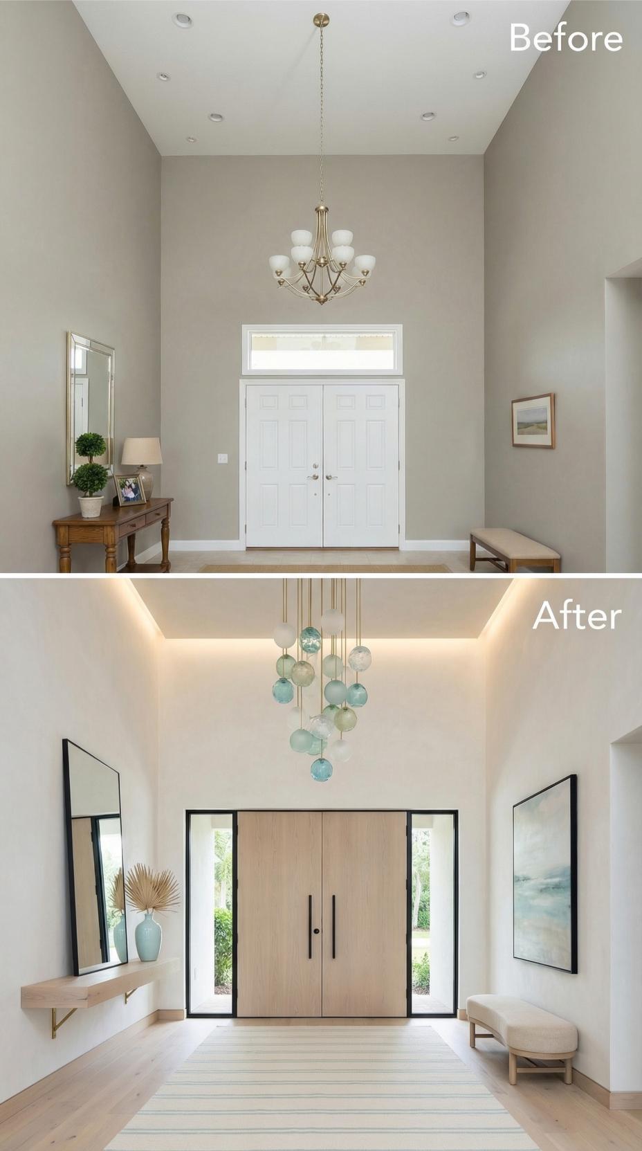 Cove Lighting and Cascading Glass Orbs Frame Redesigned Wood Entry Doors