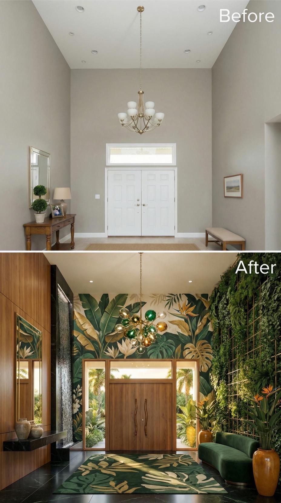 Tropical Maximalism Overtakes Neutral Beige with Jungle Wallpaper and Living Plant Wall