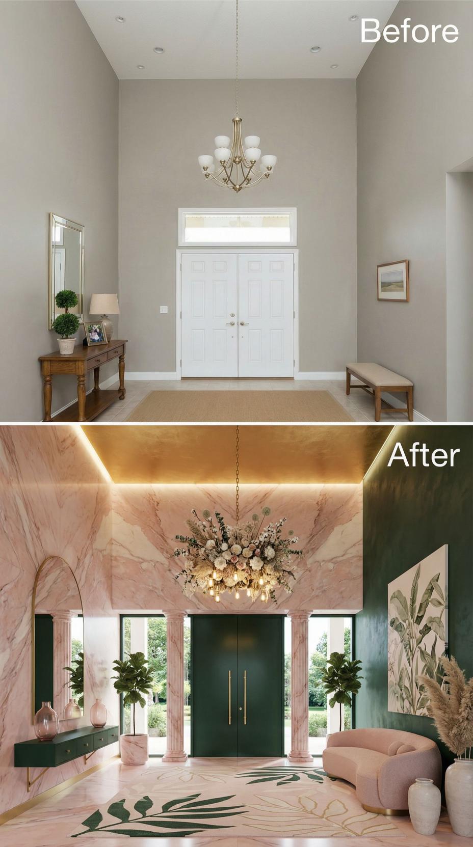 Pink Marble Trompe-l'Oeil Wraps Cathedral Ceiling While Deep Emerald Doors Command Focus