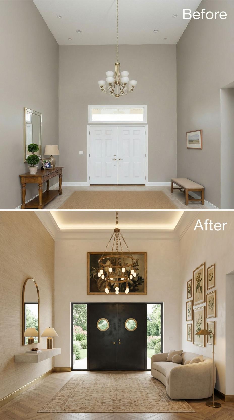 Black Entry Doors with Brass Porthole Windows Anchor Tray Ceiling LED Cove