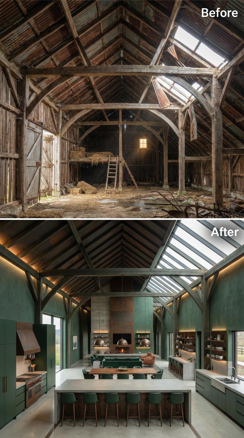 Sage Plaster Walls and a Glass Ridgeline Where the Roof Used to Collapse