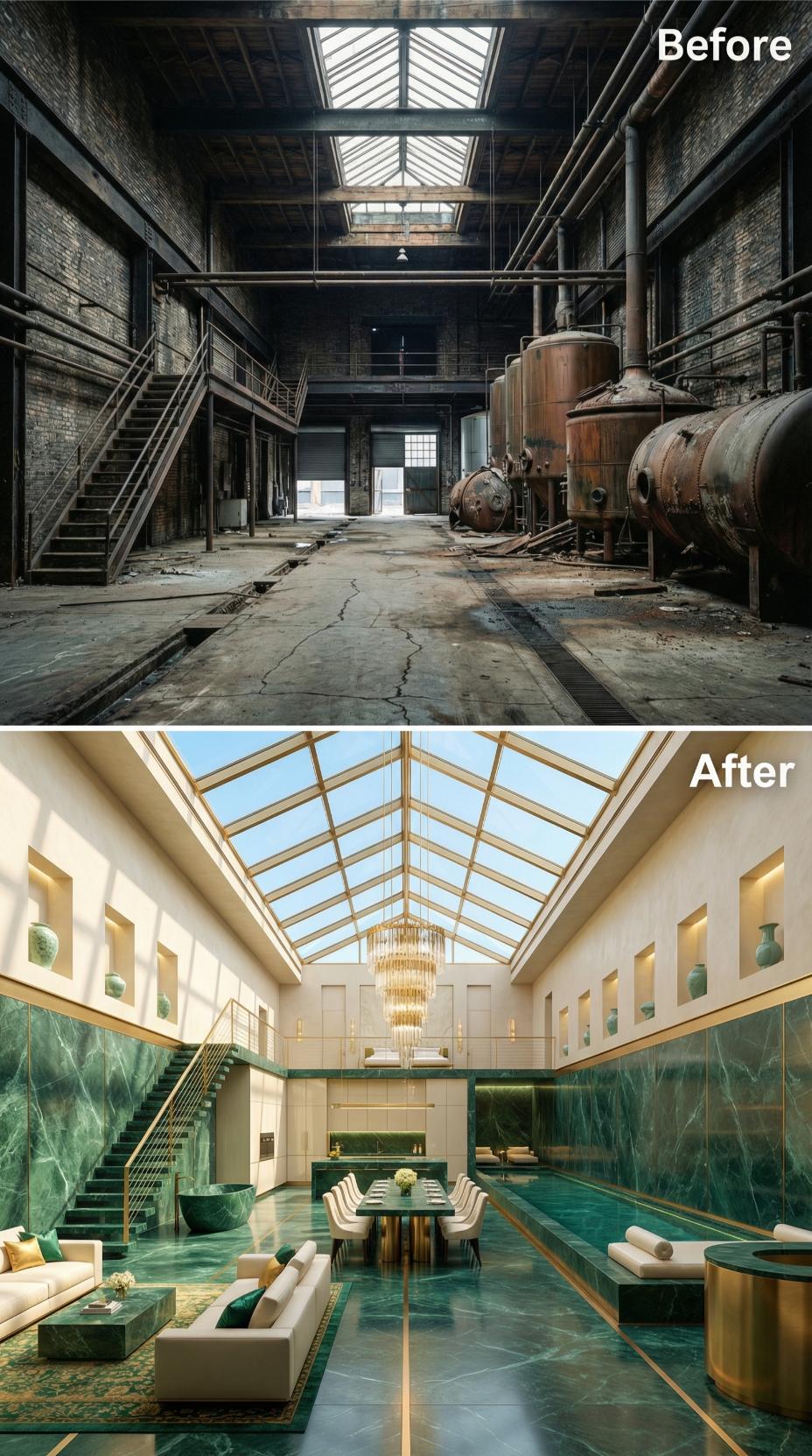 Emerald Marble Floors, a Skylight Roof, and Gold Railings Replace the Rust