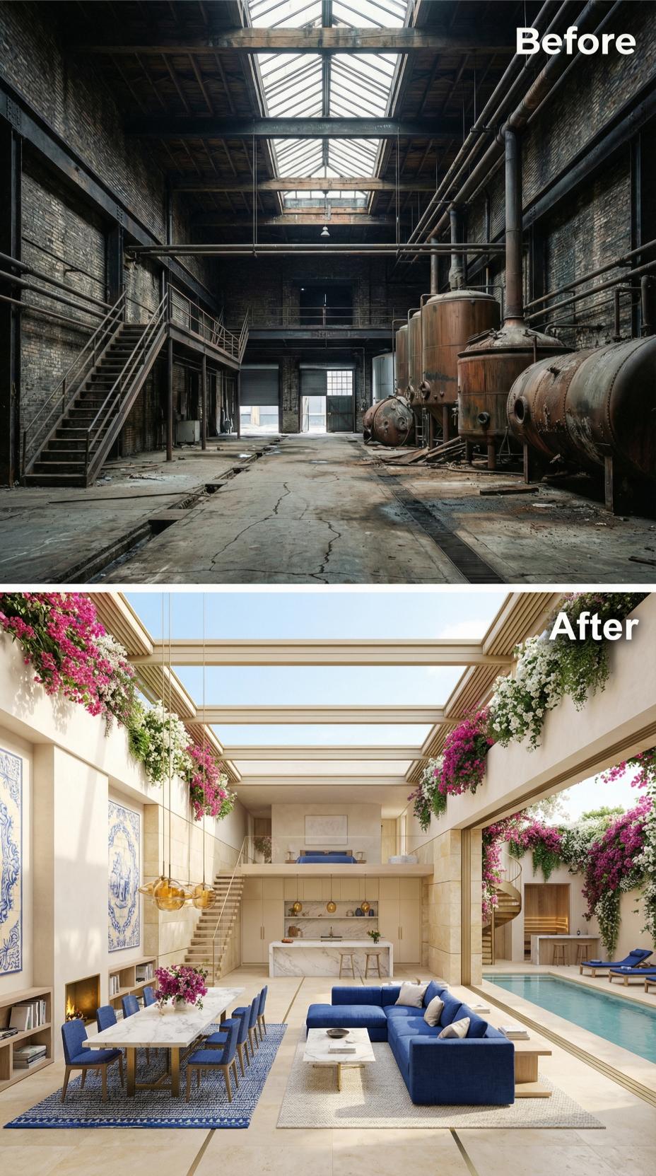 Bougainvillea Overhead, Navy Velvet Below, Skylight Running the Full Length