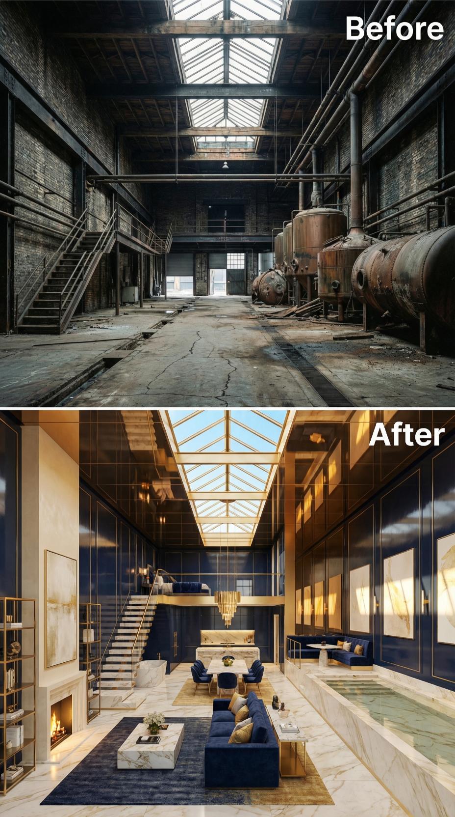 Navy Lacquer Panels, Gold Trim, and Marble Floors Reclaim a Derelict Brew Hall