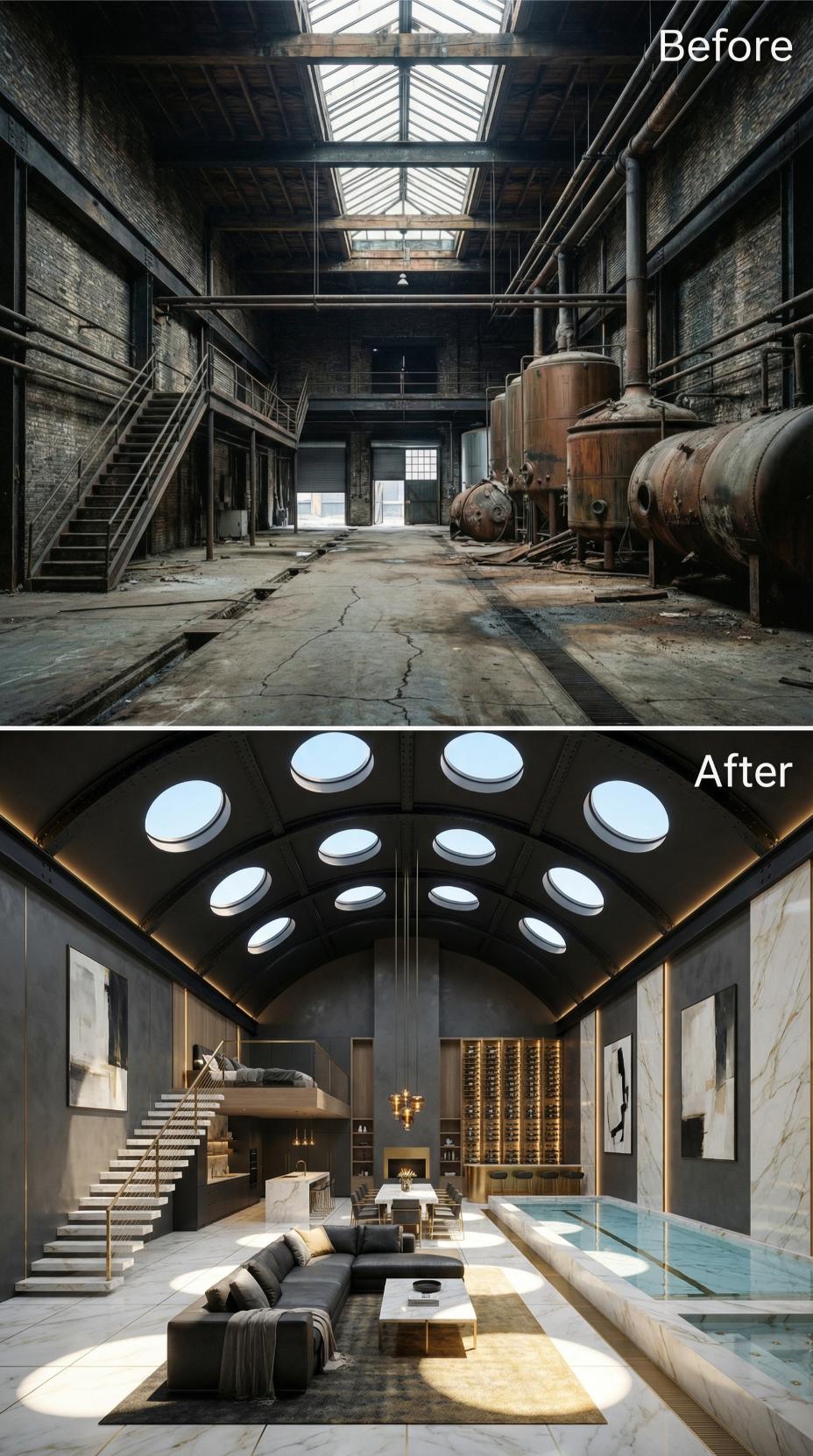 Rusted Tanks Gone, Barrel Vault Ceiling Reborn With Circular Skylights and Marble