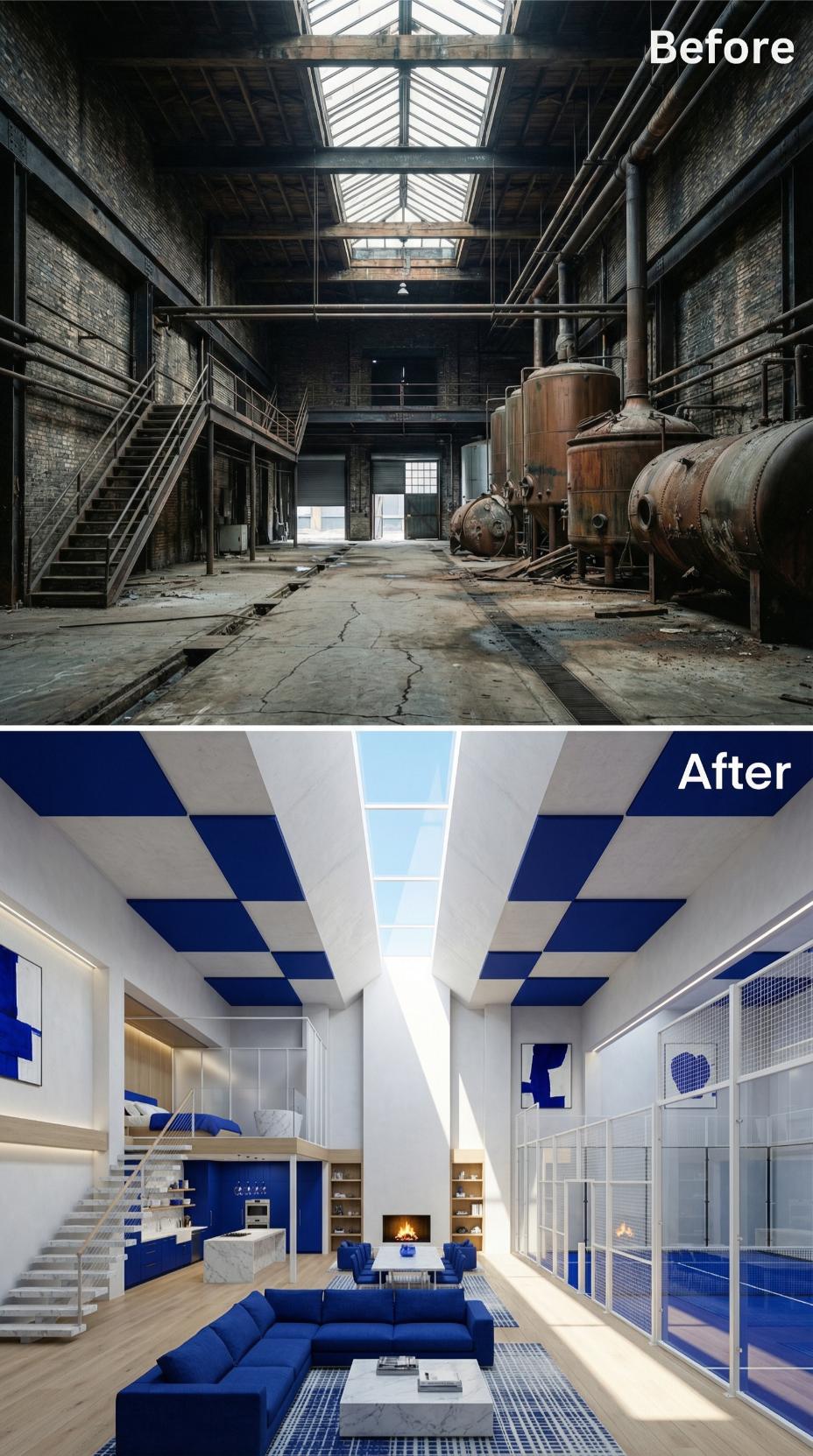 Cobalt Blue Checkerboard Ceiling and Velvet Sofas Claim the Double-Height Nave