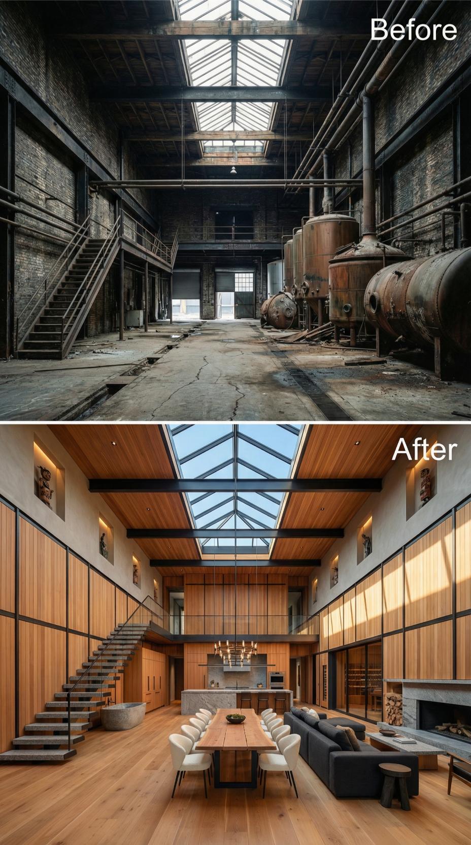 Skylights Kept, Rusted Tanks Gone: Cedar, Marble, and Steel Rewrite the Floor Plan