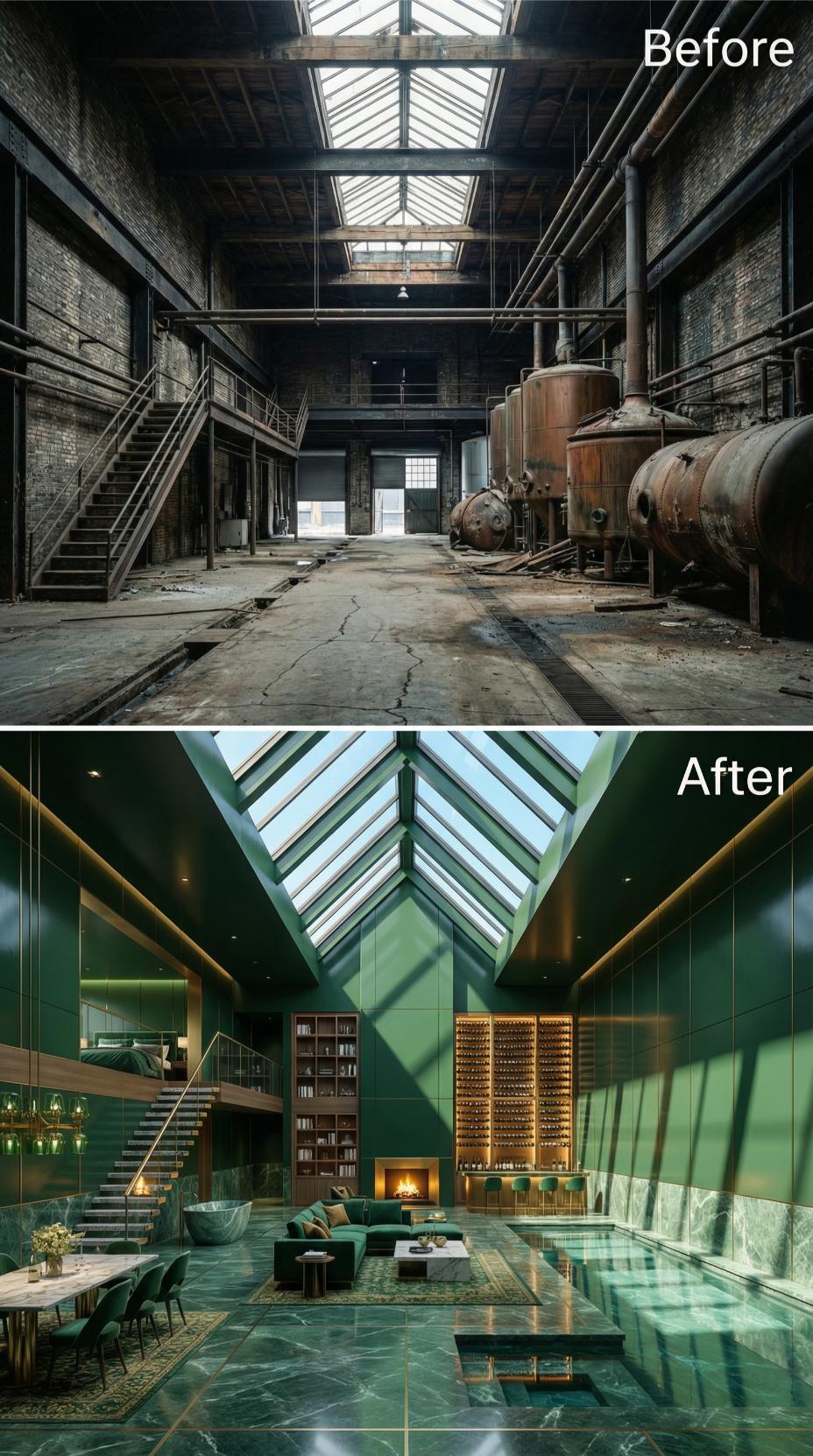 Malachite Marble, a Recessed Wine Wall, and Floating Stairs Replace Decades of Rust