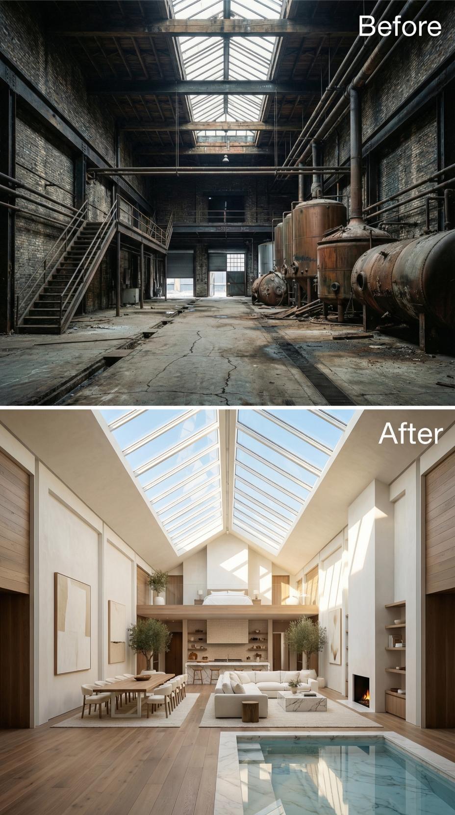 Rusted Tanks Cleared, Linen Sofas and an Indoor Lap Pool Claim the Nave