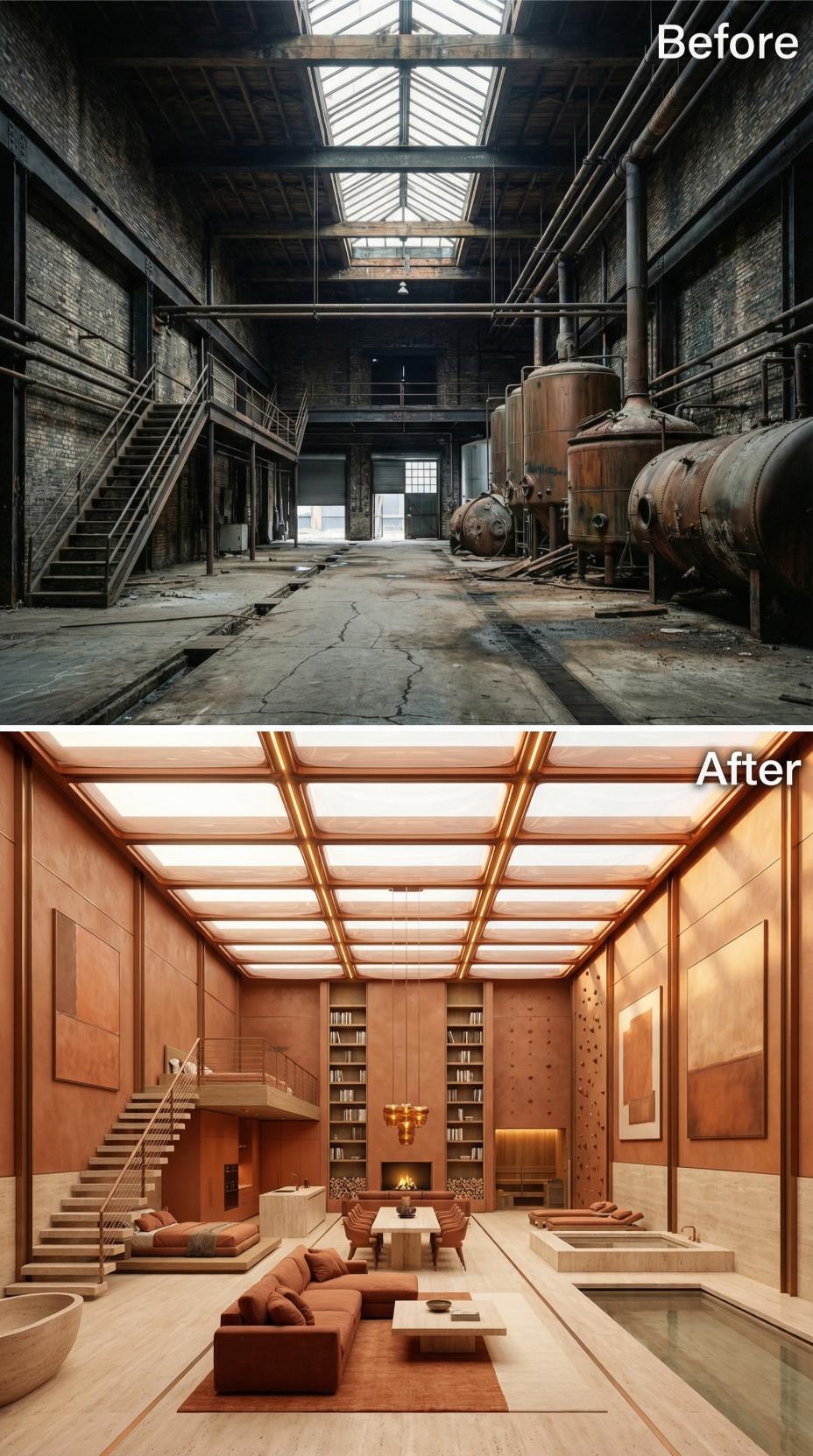 Rust and Cracked Concrete Out, Terracotta Plaster and Copper Skylights In