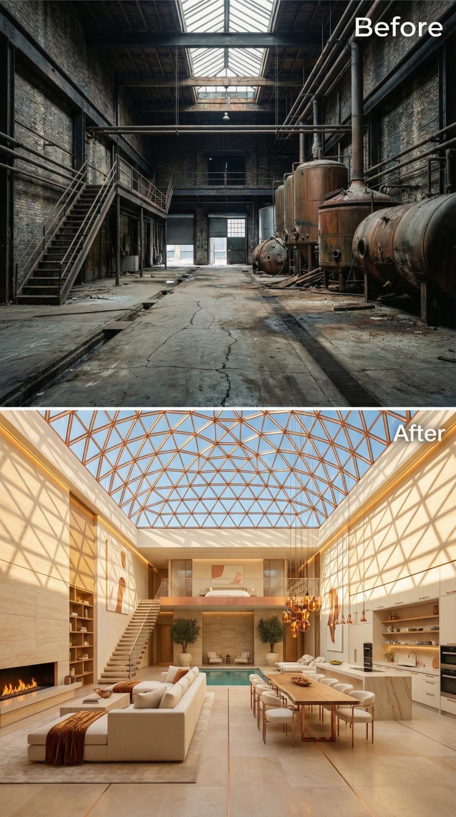 Geodesic Copper Glass Crowns a Brew Floor Rebuilt in Limestone and Warm Oak