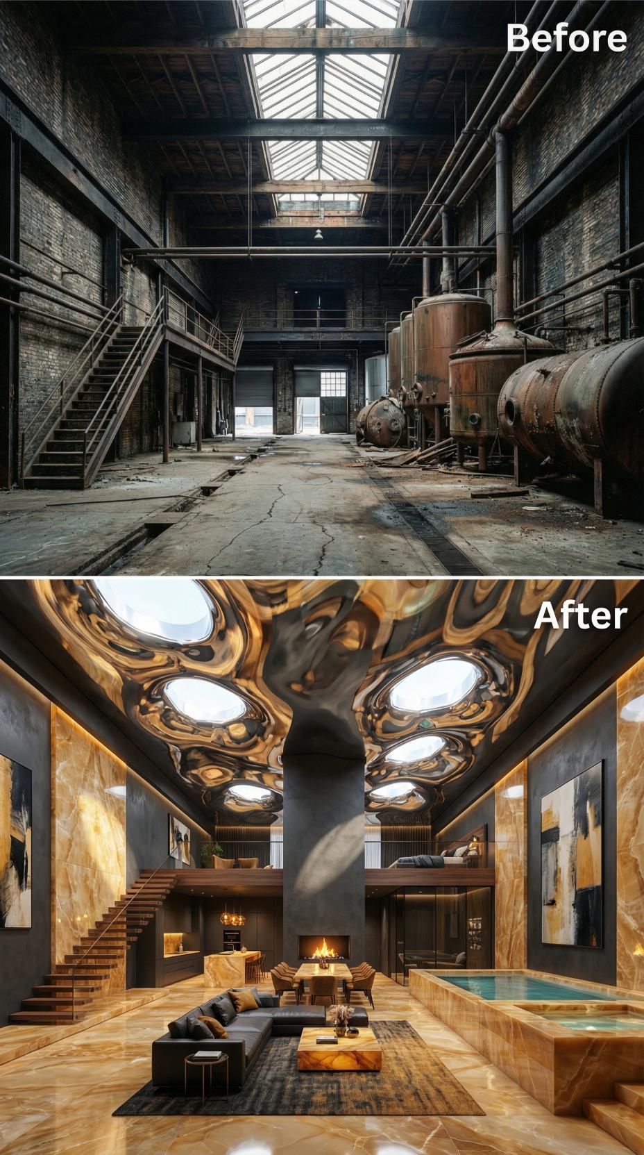 Swirling Onyx Ceiling, Honey Marble Walls, and an Inset Pool Where the Tanks Stood