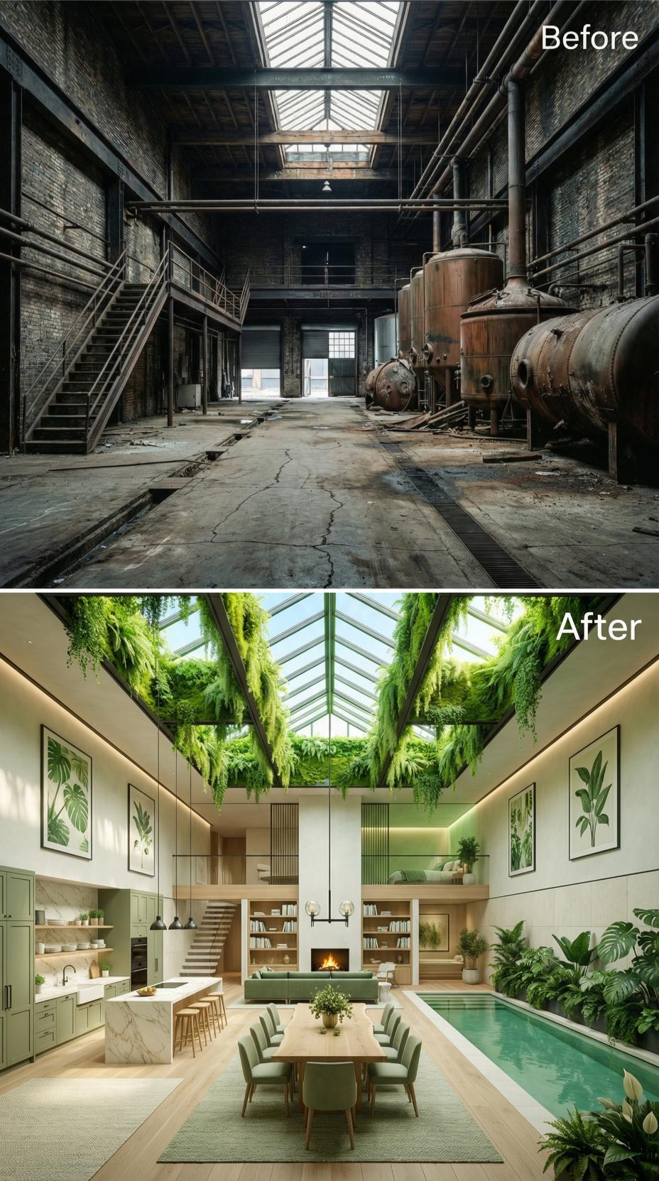 Sage Cabinetry, Lap Pool, and Living Walls Reclaim a Derelict Brew Floor