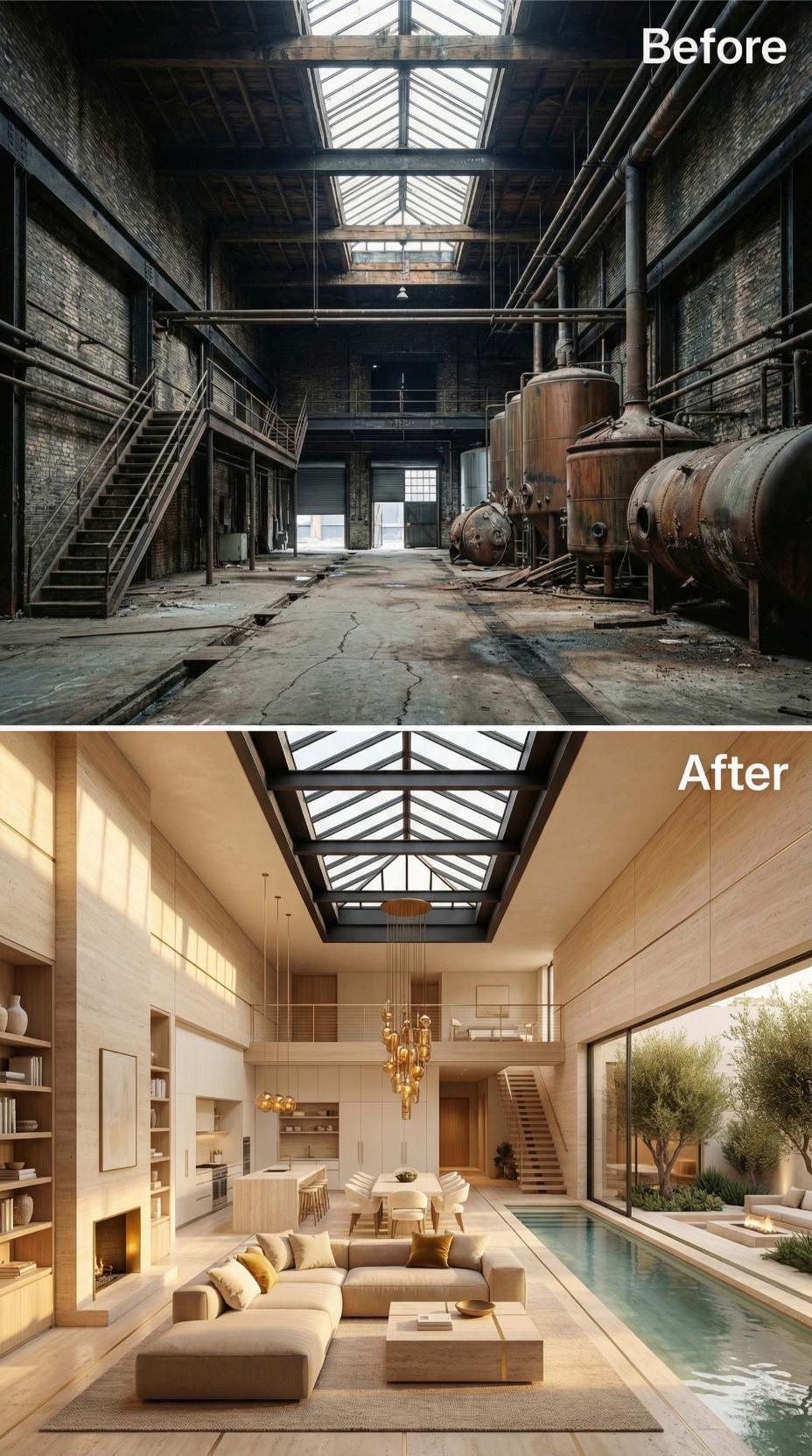 Skylight Frame Preserved, Sand Limestone and Warm Gold Finish What Rust Left Behind