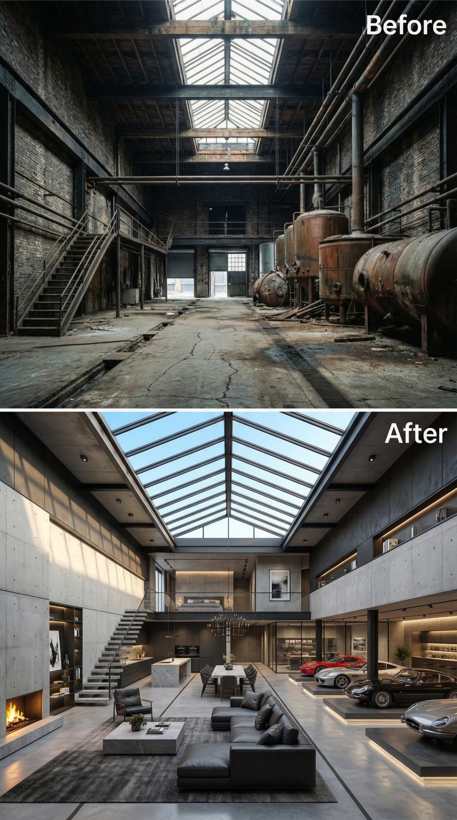 Skylight Kept, Tanks Gone: Exposed Concrete and a Car Collection Move In