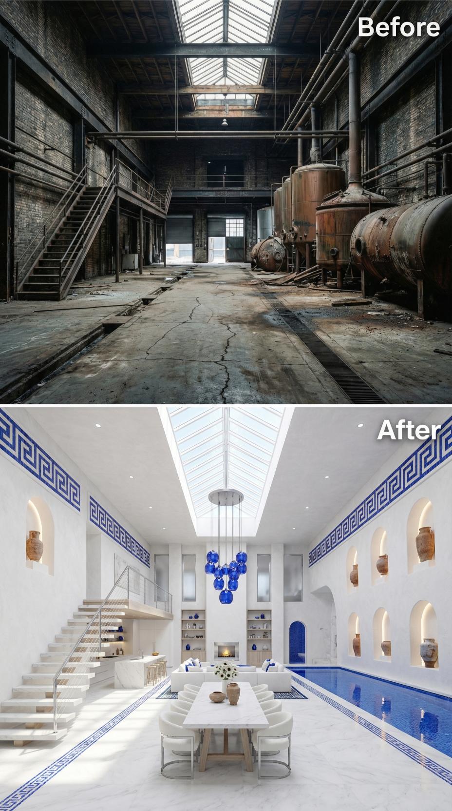 Greek Key Frieze and an Indoor Lap Pool Claim the Whitewashed Nave