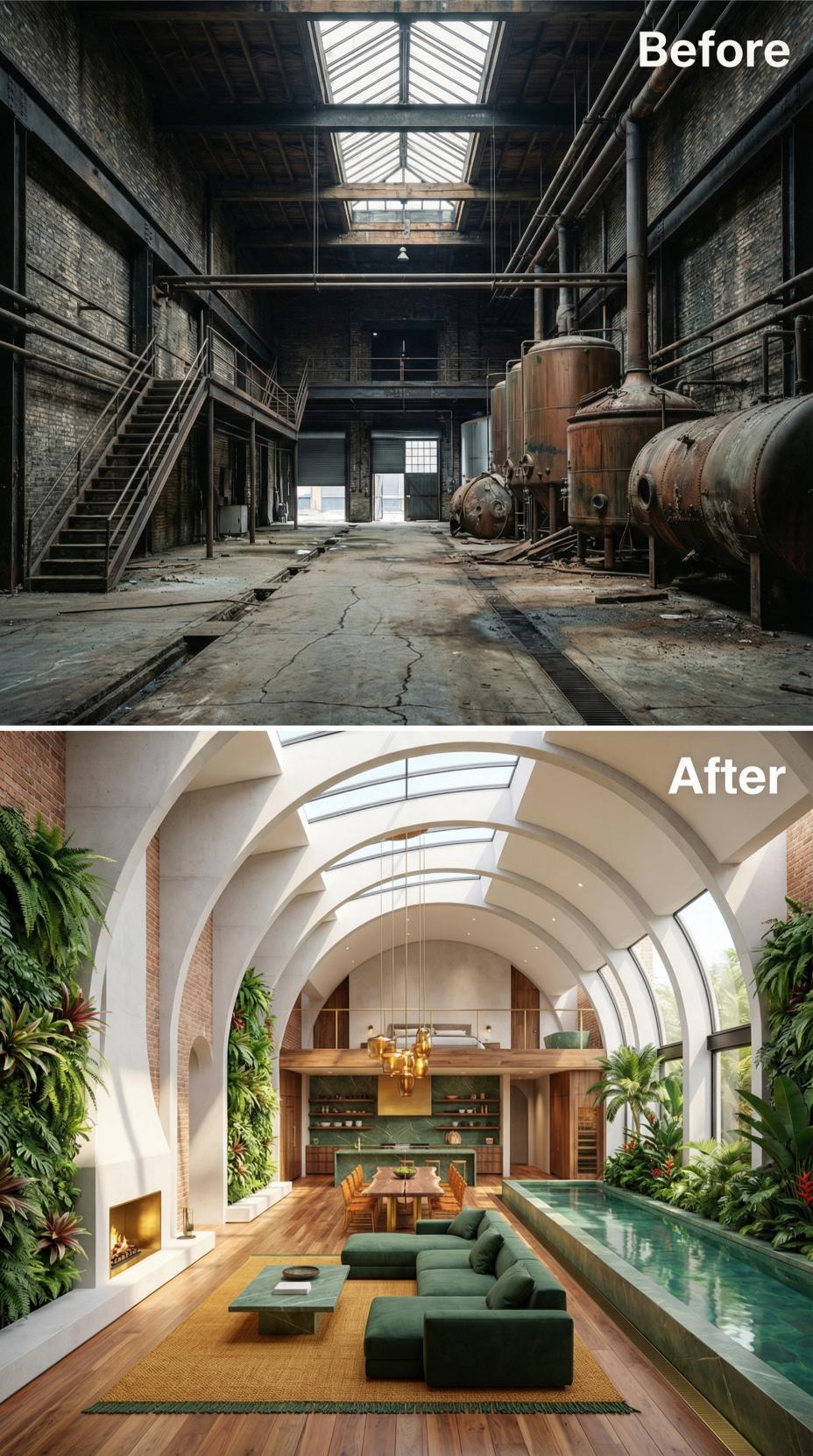Barrel Vault Arches, Living Walls, and an Indoor Pool Replace a Corroded Brew Floor