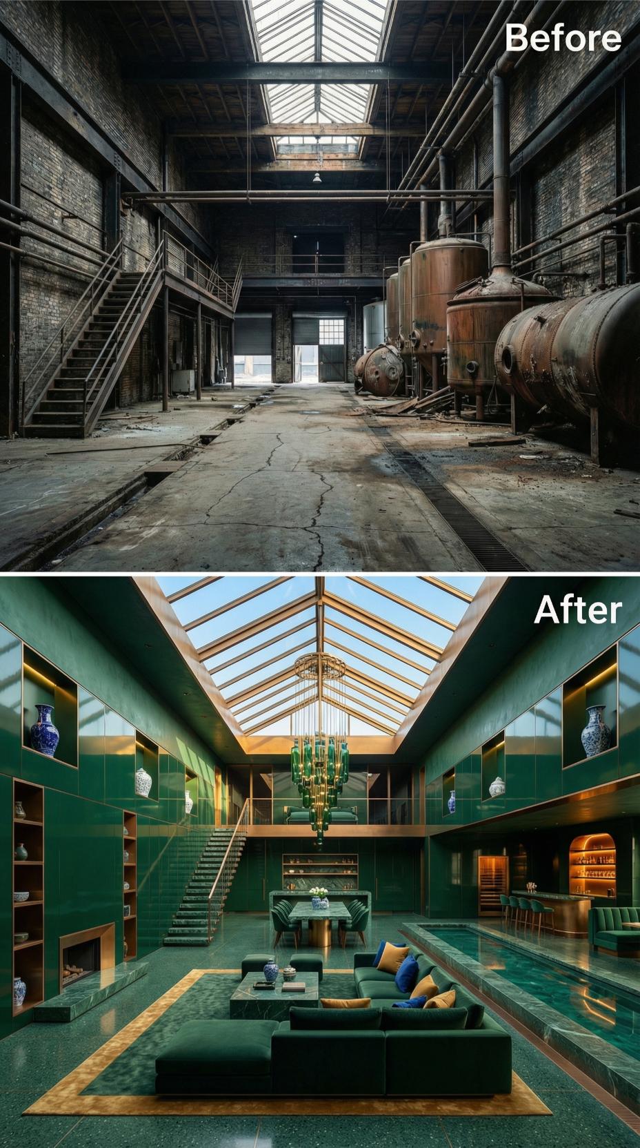 Emerald Tile and Gold Trim Reclaim a Brew Floor That Once Housed Rusted Pressure Tanks