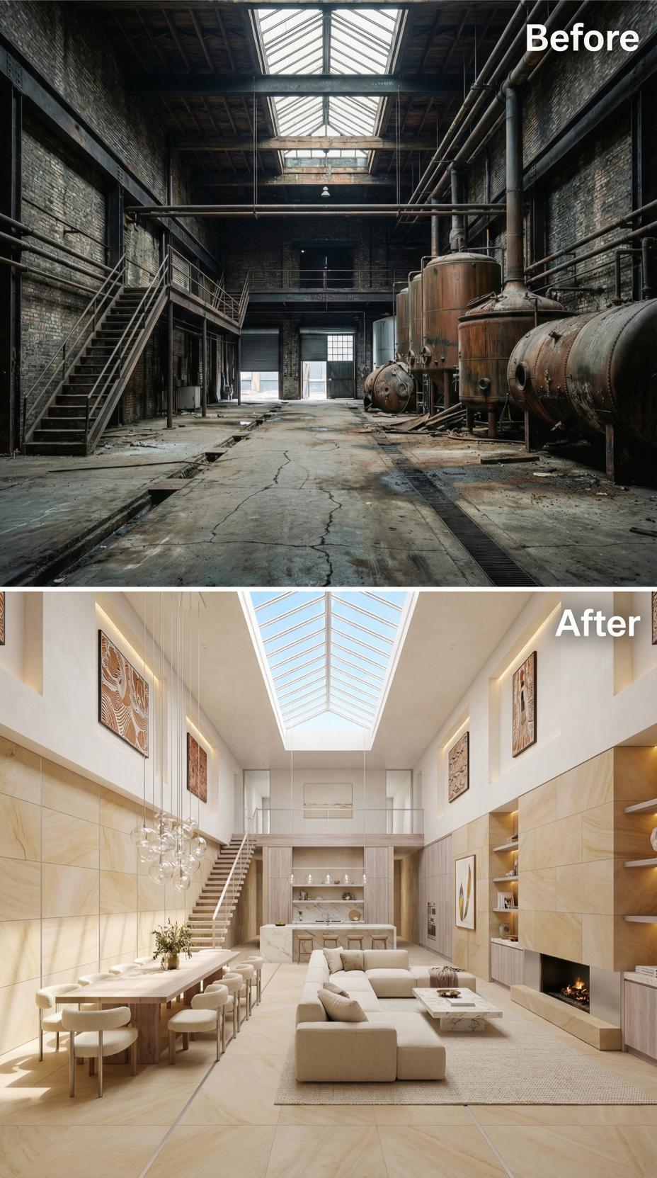 Cracked Concrete Floor Replaced by Limestone Tile, Mezzanine Staircase, and Modular Sofas