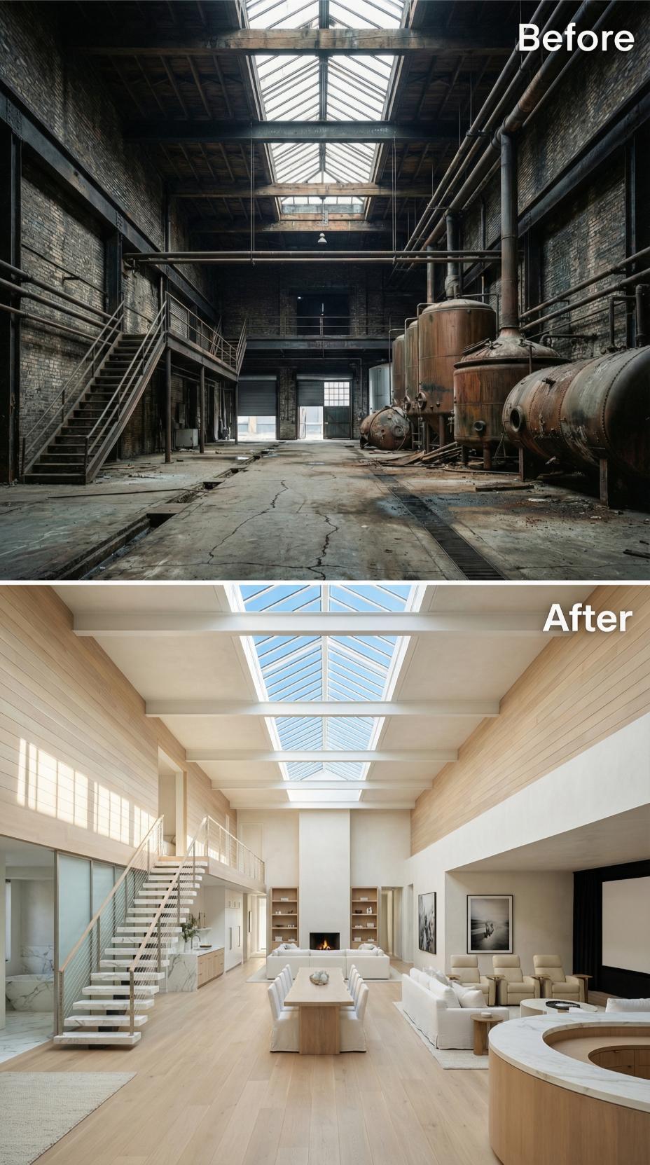 Cracked Concrete and Rust Cleared for Bleached Oak, Skylights, and a Curved Bar