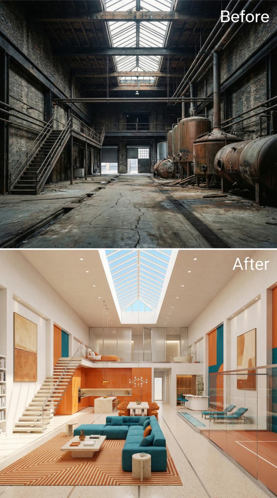 Rust Gone, Teal Velvet and Burnt Orange Take the Double-Height Floor Plan