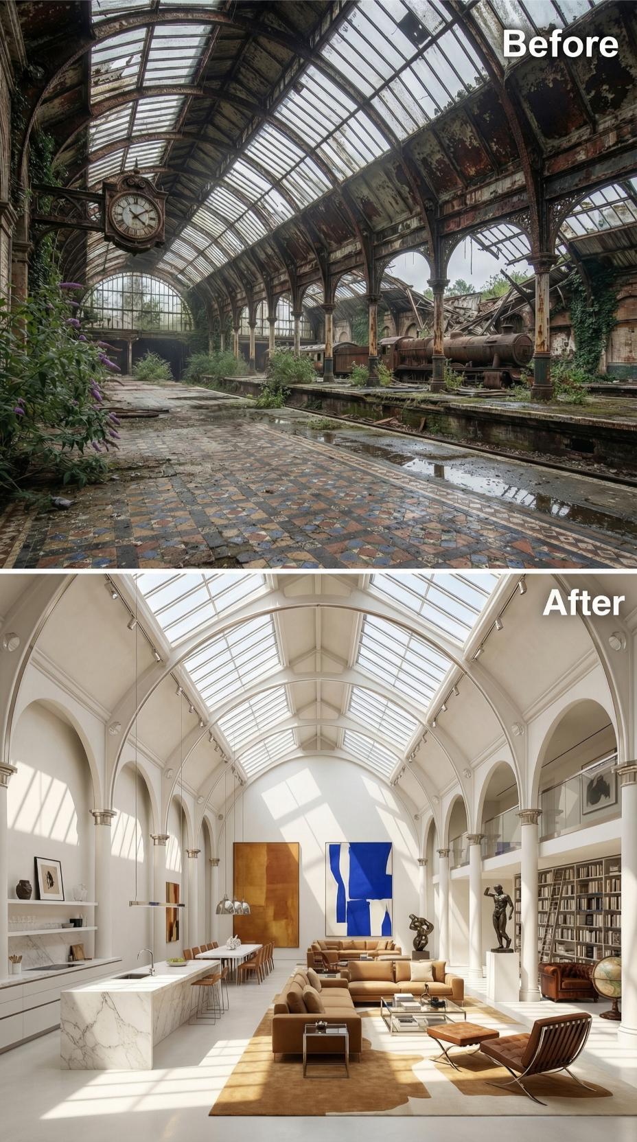Calcutta Marble Island, Cognac Leather, and a Glass Vault Reclaimed from Ruin