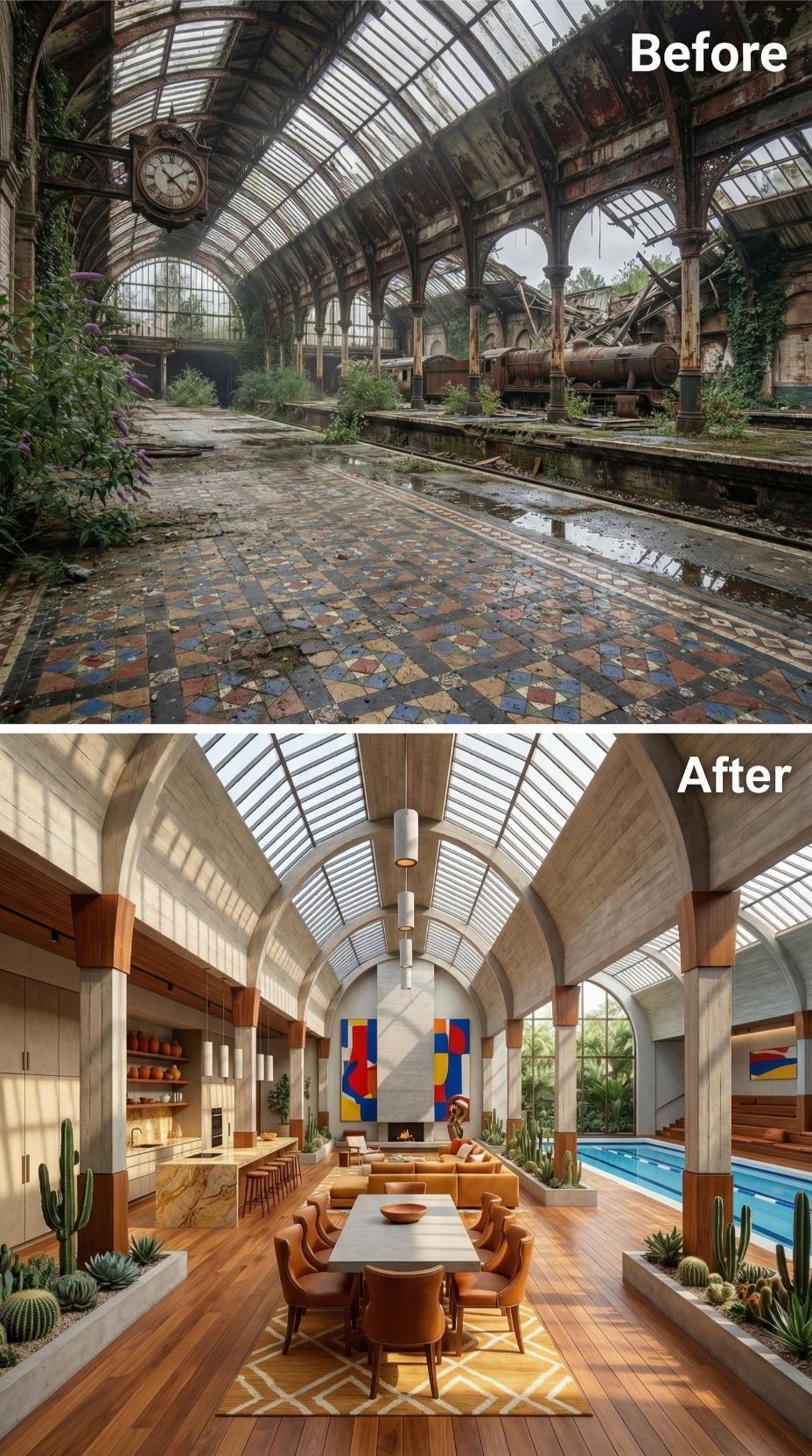 Rusted Locomotive Hall Rebuilt Around Hardwood, Cacti, and an Indoor Lap Pool