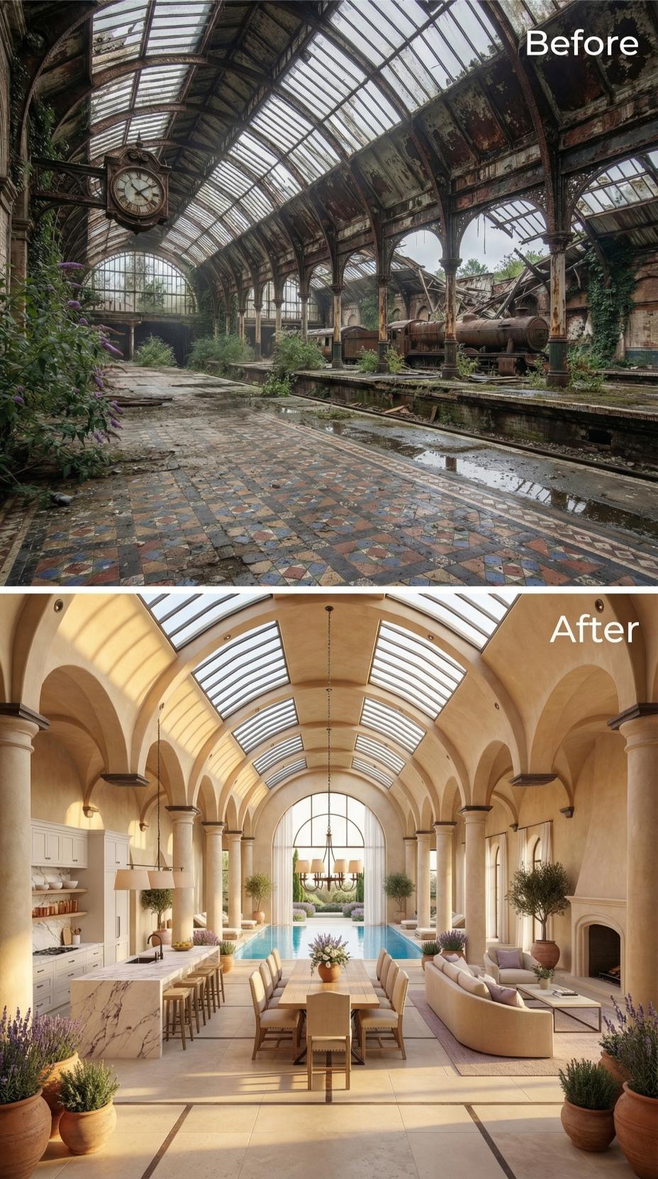 Sand-Toned Plaster Arches and a Lap Pool Carved Into Victorian Glass-and-Iron Bones