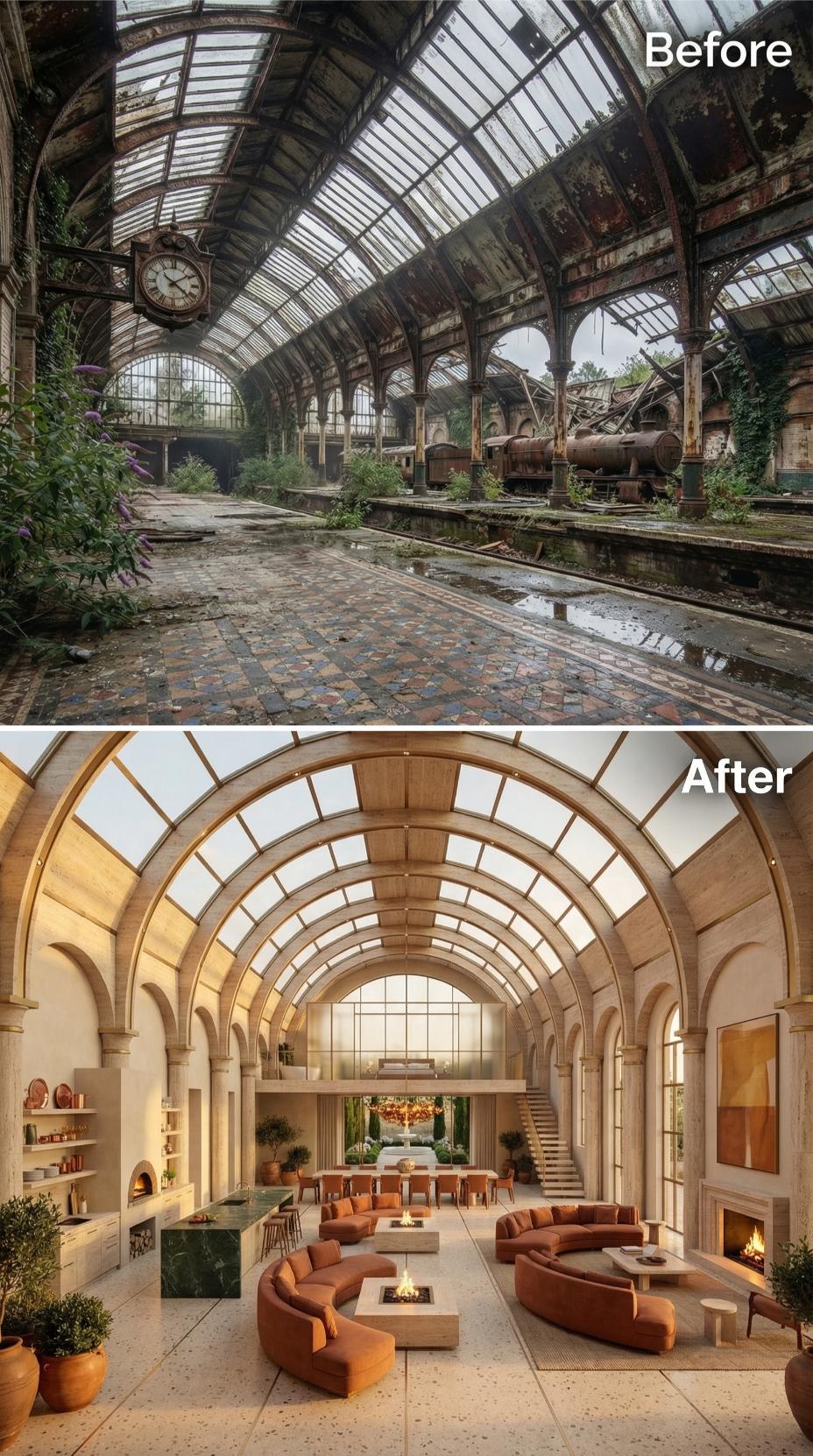 Cognac Curved Sofas and a Central Fire Pit Reclaimed from Victorian Wreckage