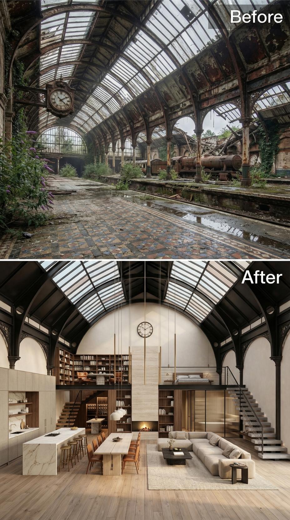 Clock Still Hanging, Arched Steel Roof Now Framing a Two-Story Loft