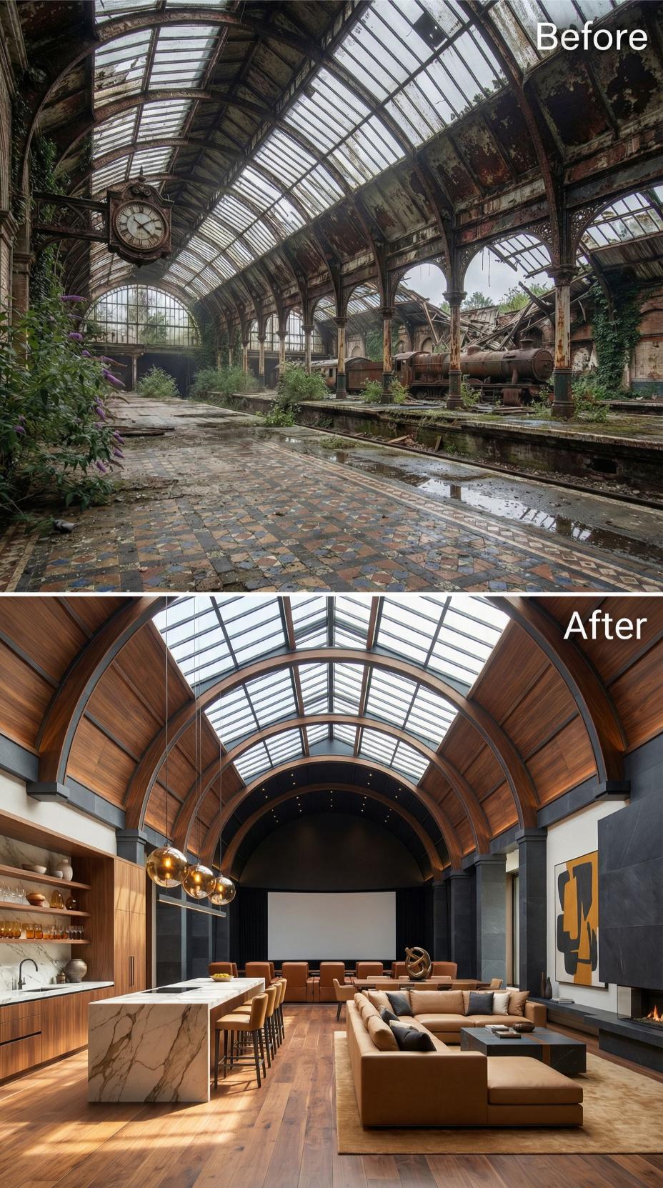 Walnut Cladding, a Projection Screen, and a Marble Island Reclaimed from Victorian Iron