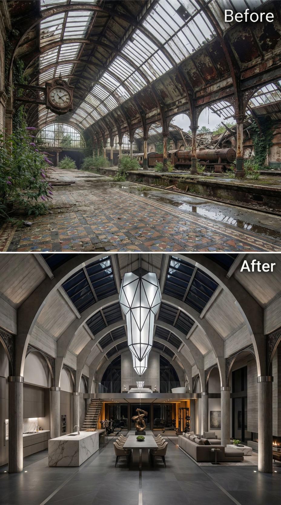 Geometric Steel Light and Barrel Vaults Carved from a Derelict Victorian Train Hall