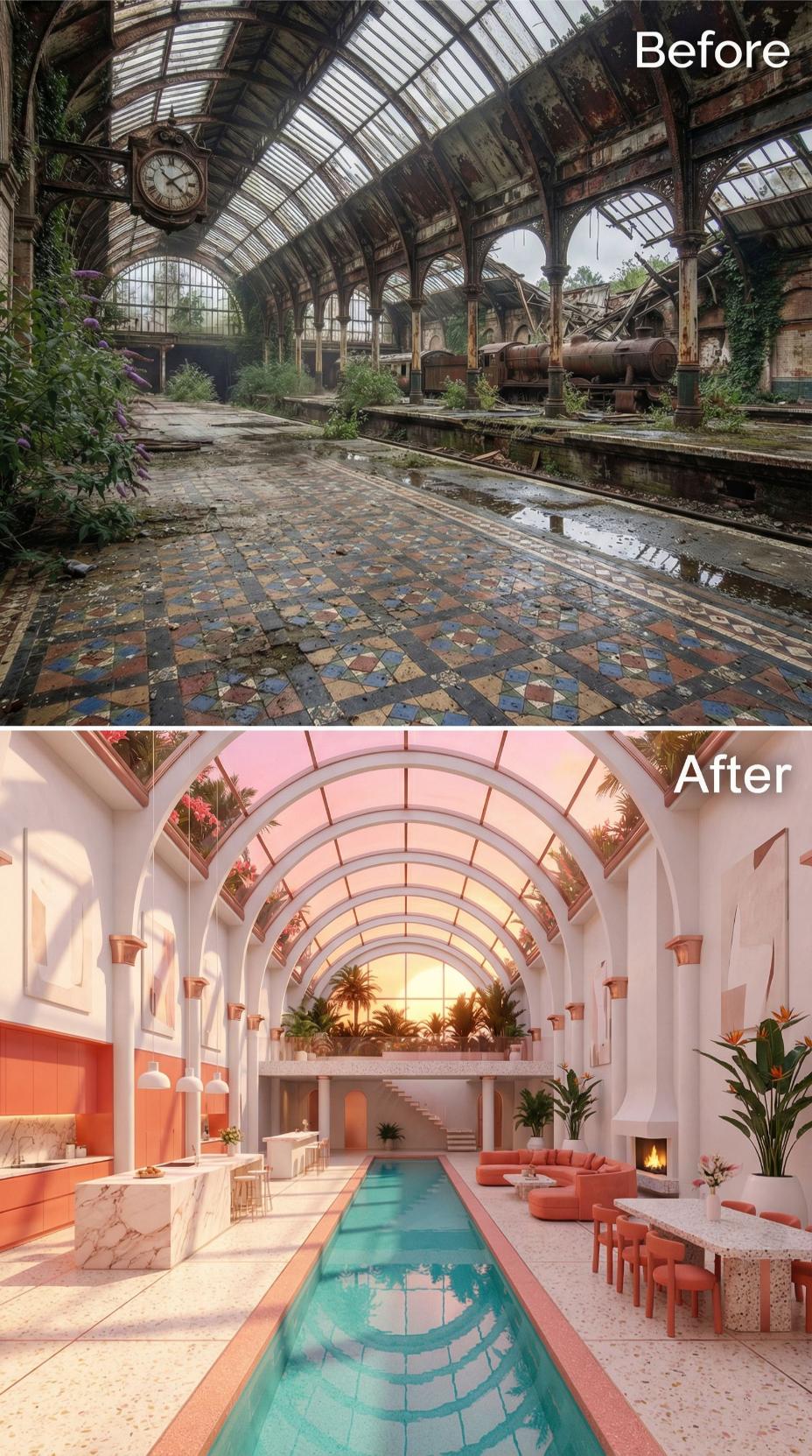 Coral Sofas, Lap Pool, and Terrazzo Floors Poured into Victorian Iron Arches