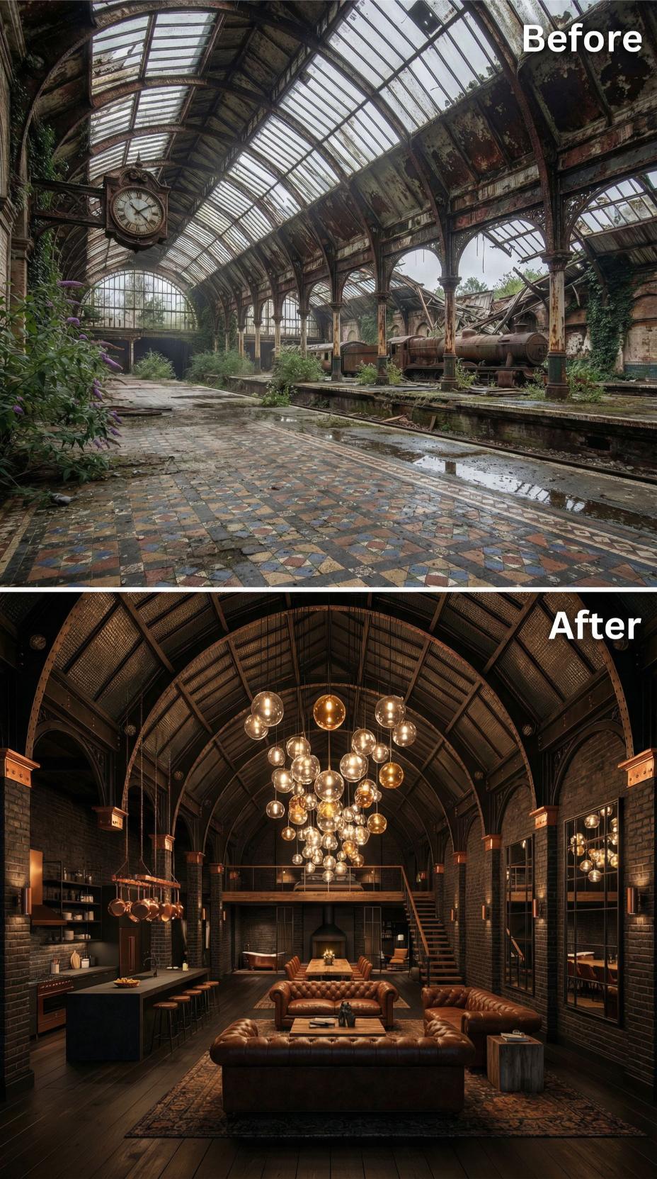Copper Pendants, Chesterfield Leather, and Dark Brick Pulled from a Derelict Train Hall
