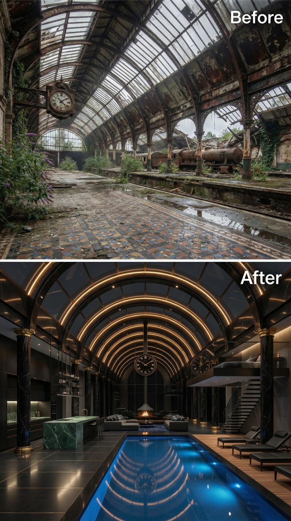 Crumbling Platform Tiles Buried Under Midnight Black Marble and a Lap Pool
