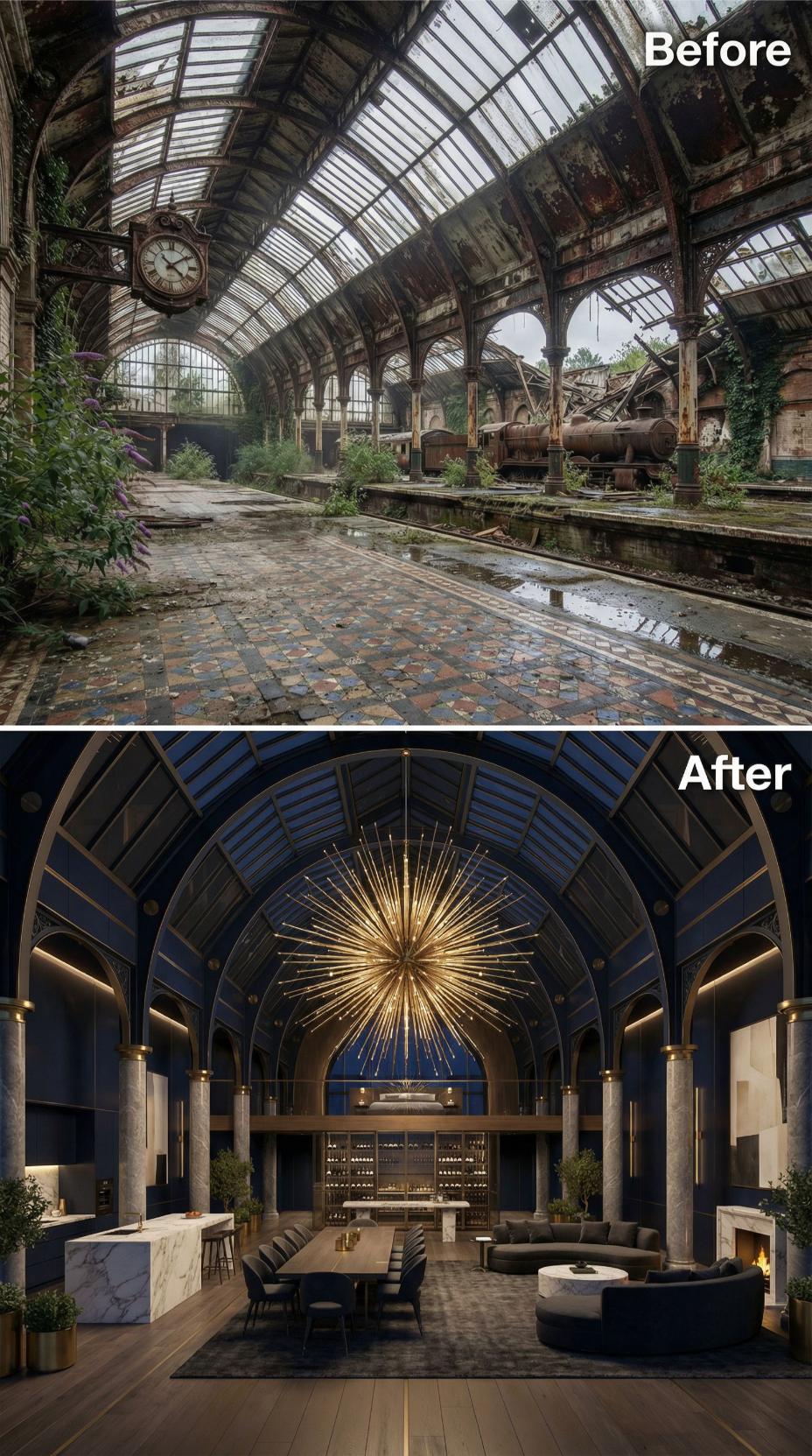 Sputnik Gold, Navy Barrel Vaults, and Marble Rebuilt from a Derelict Train Hall